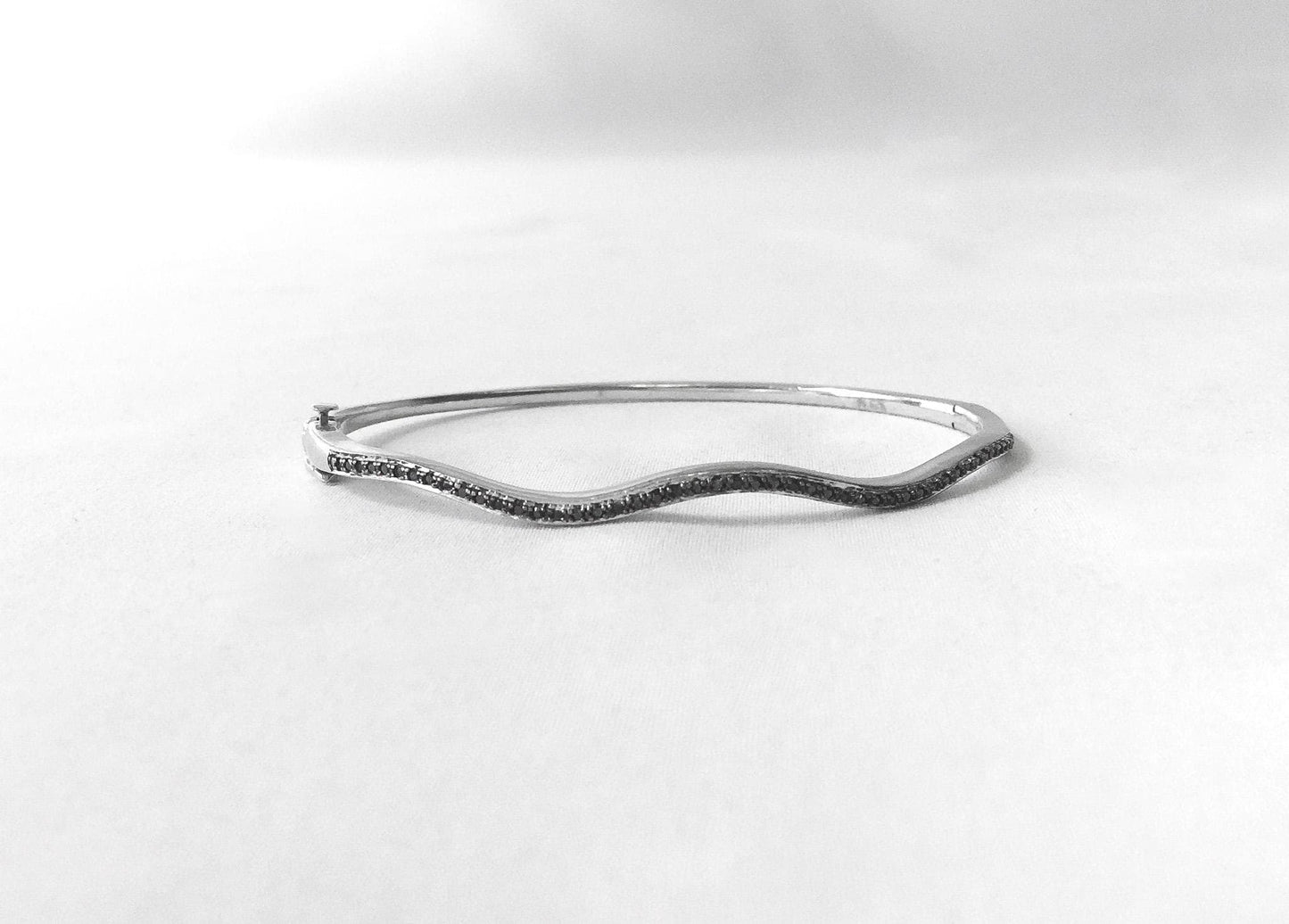 925 and Black Diamond Silver Wave Bangle Bracelet, 6-8", Unique Stackable Bangle Bracelet