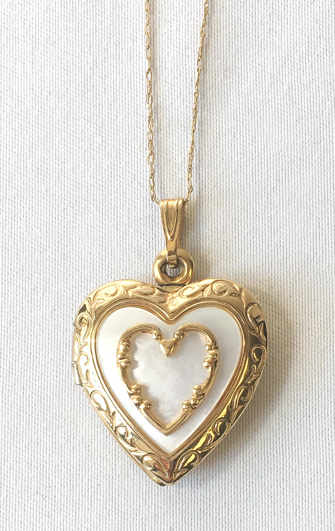 10K Gold Puffed Mother of Pearl Heart Etched Locket on 18" 10K Chain, Vintage Grandma Style Elegant Locket
