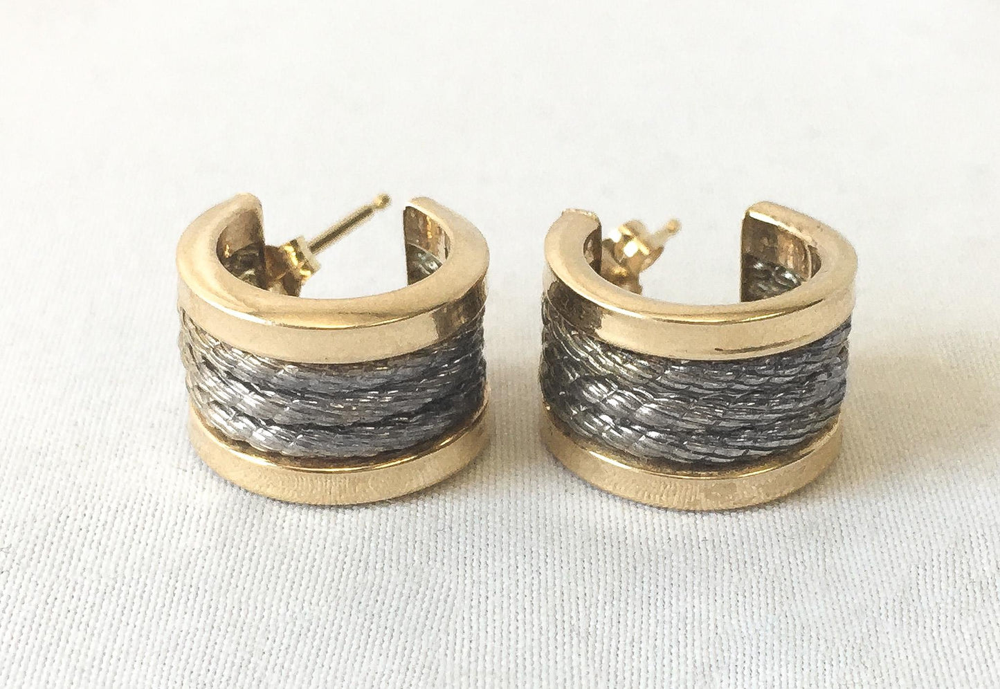 Vintage 14K Yellow Gold 925 Ribbed Textured Hoop Earrings, Simple Everyday Mixed Metal Earrings