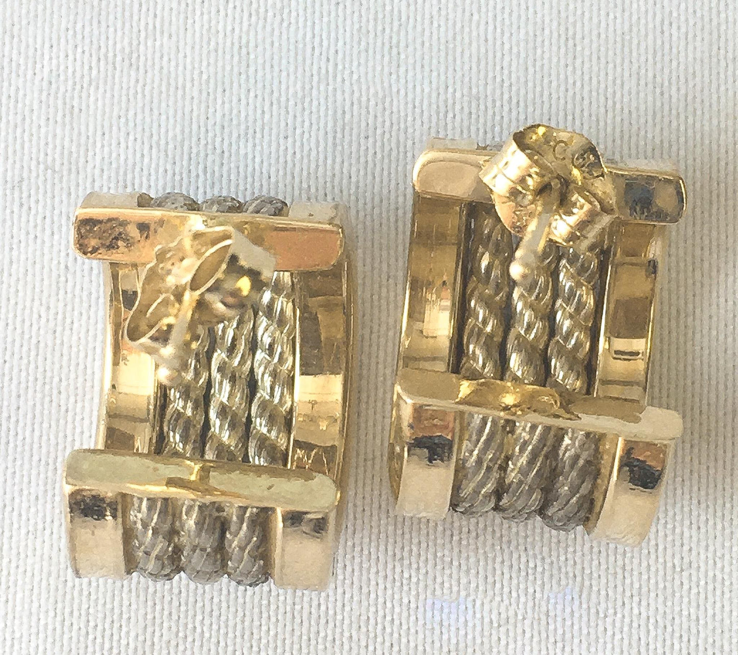 Vintage 14K Yellow Gold 925 Ribbed Textured Hoop Earrings, Simple Everyday Mixed Metal Earrings