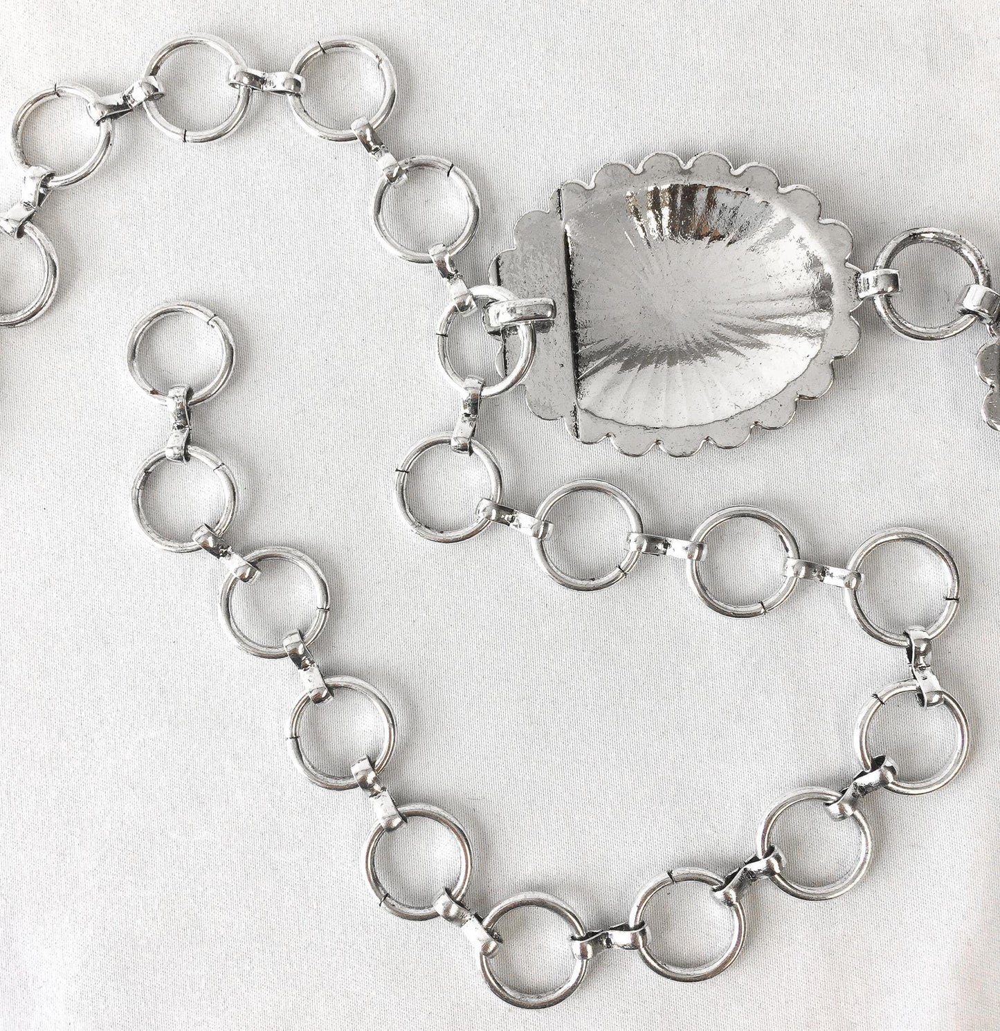Vintage Silver Toned Oval Concho Chain Link Belt, Fits Any Size Waist, Vintage Boho Western Style Festival Belt