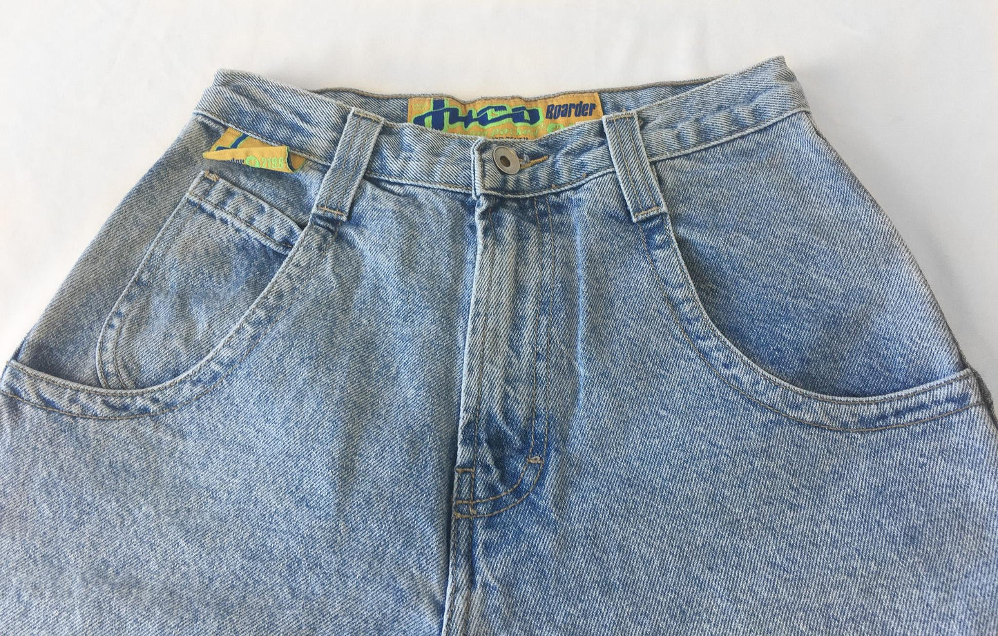 90s JNCO 2199 Boarder Neon Green/Blue Light Wash High Rise Denim Shorts, 26" Waist, Vintage Streetwear Jorts