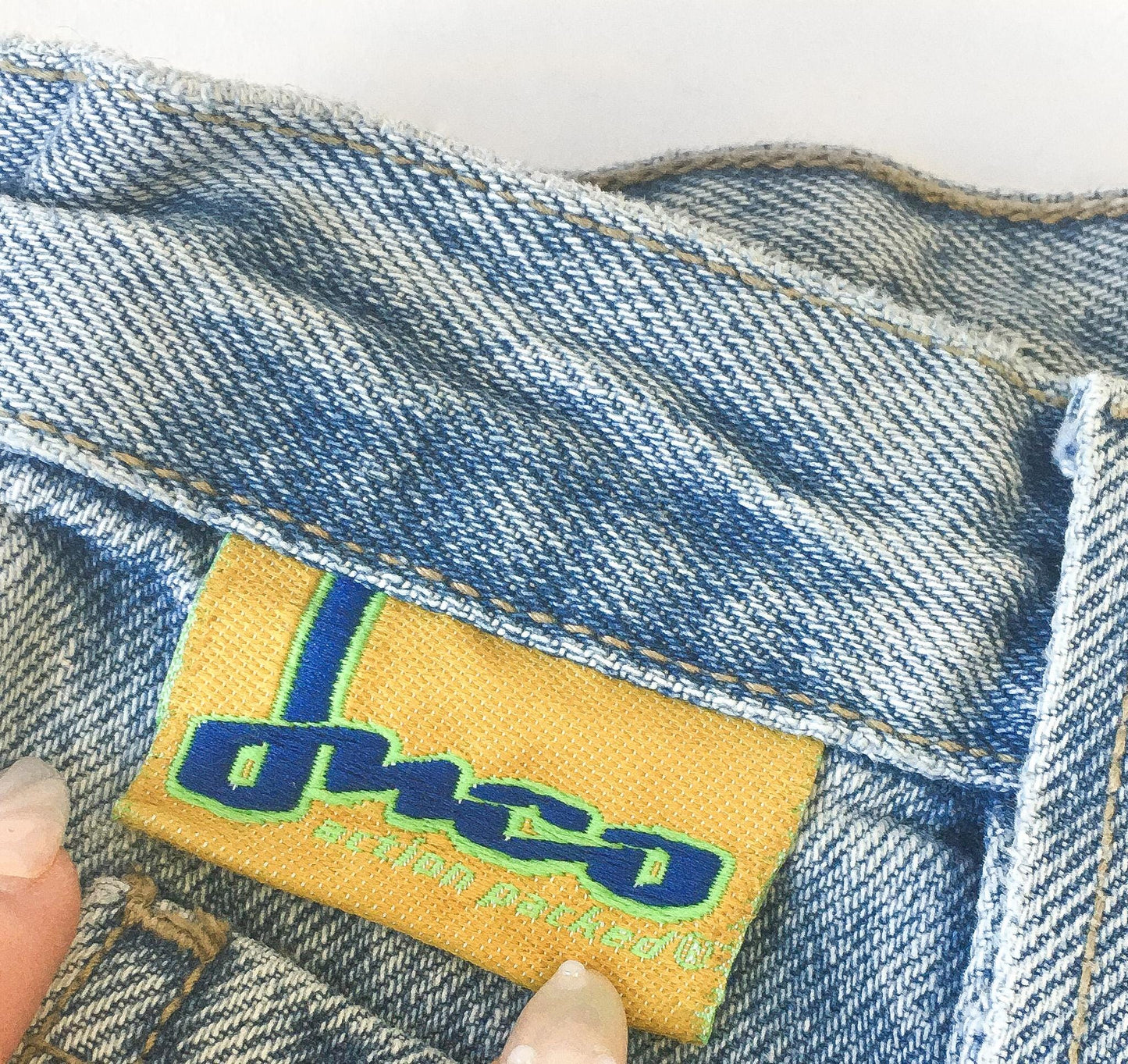 90s JNCO 2199 Boarder Neon Green/Blue Light Wash High Rise Denim Shorts, 26" Waist, Vintage Streetwear Jorts