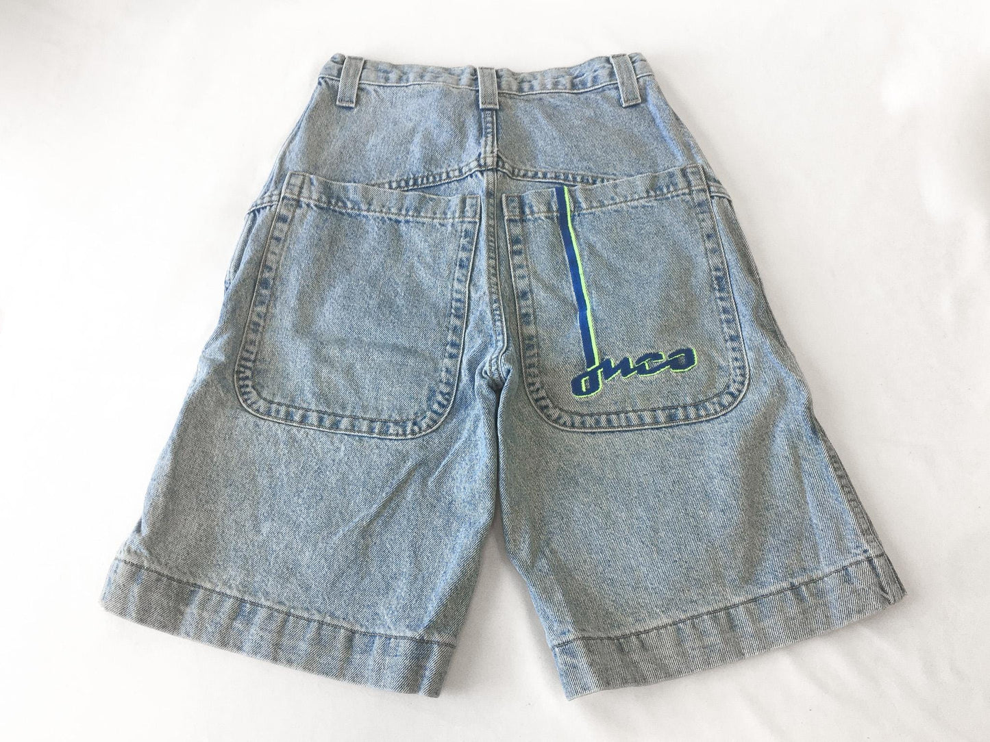 90s JNCO 2199 Boarder Neon Green/Blue Light Wash High Rise Denim Shorts, 26" Waist, Vintage Streetwear Jorts