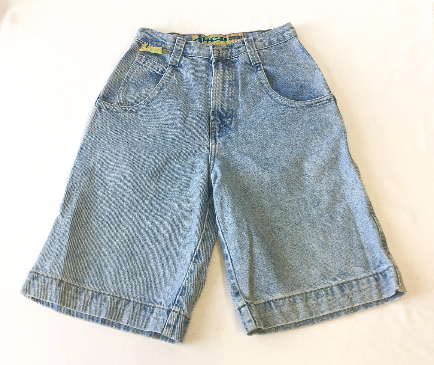 90s JNCO 2199 Boarder Neon Green/Blue Light Wash High Rise Denim Shorts, 26" Waist, Vintage Streetwear Jorts