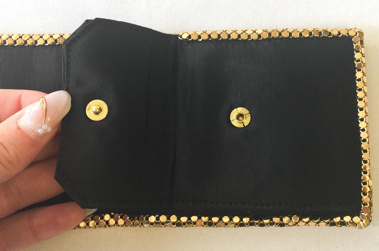 60s Whiting and Davis Gold Mesh Bifold Wallet with Original Box, Vintage Art Deco Style Wallet Coin Pouch