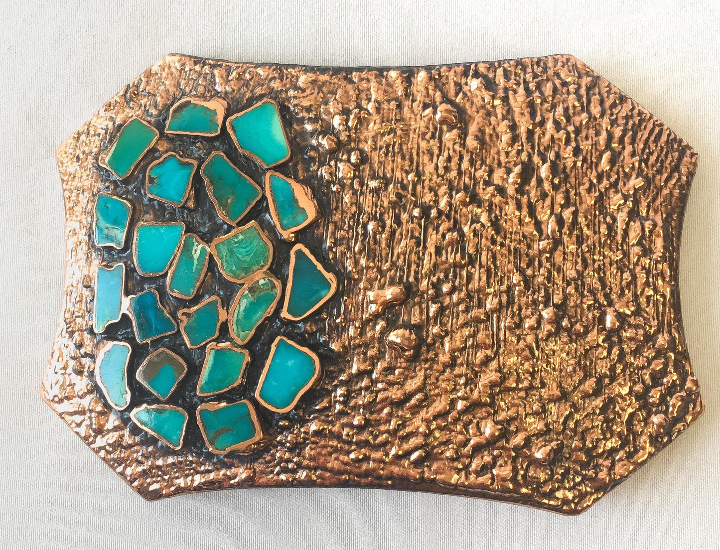 Vintage Copper Turquoise Inlay Textured Navajo Belt Buckle, Vintage Unique Statement Native American Western Navajo Belt Buckle