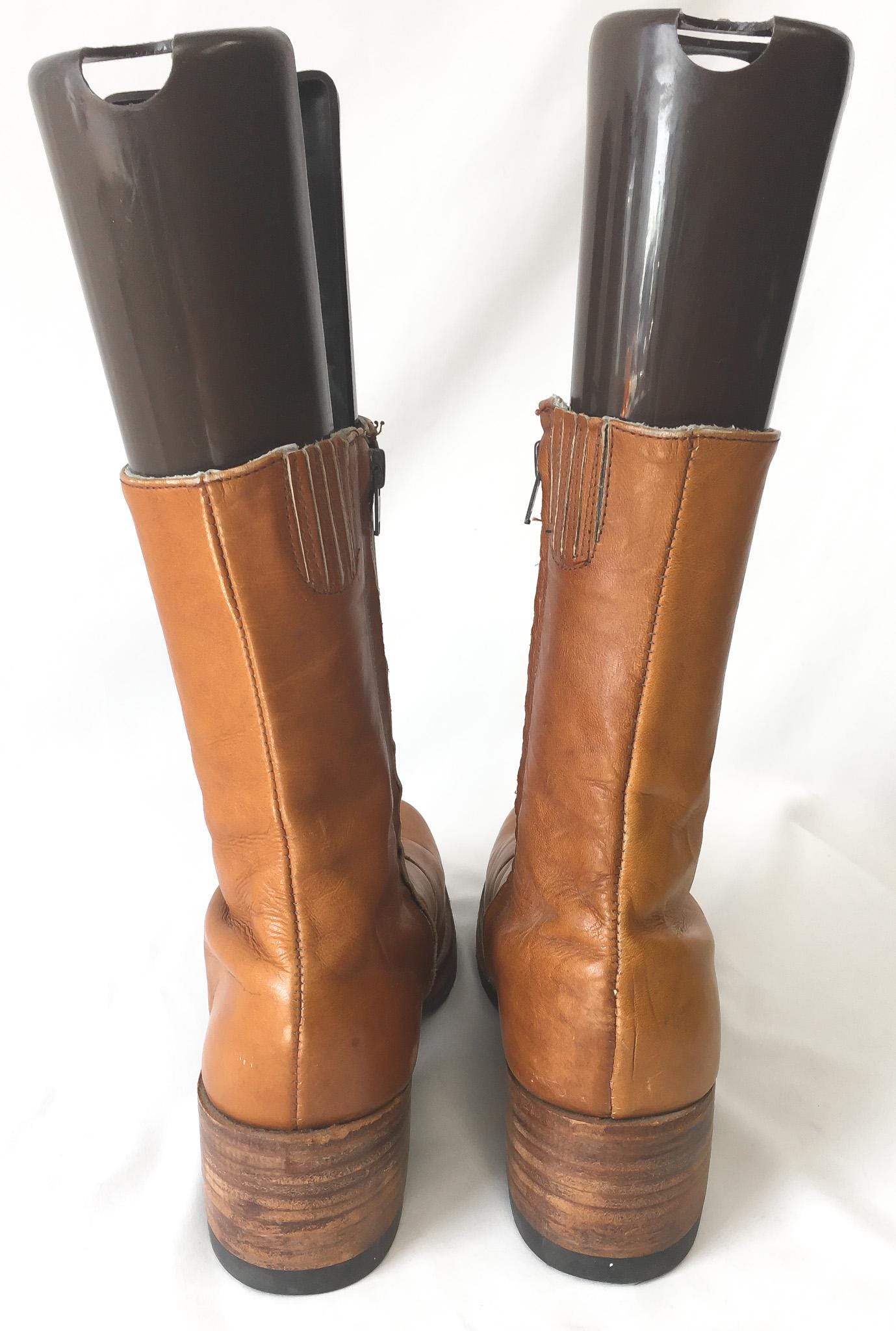 70s Frye Brown Tan Leather Zip Up Chunky Platform Boots, Unisex Sz 10.5D, Vintage Retro Platform Leather Boots