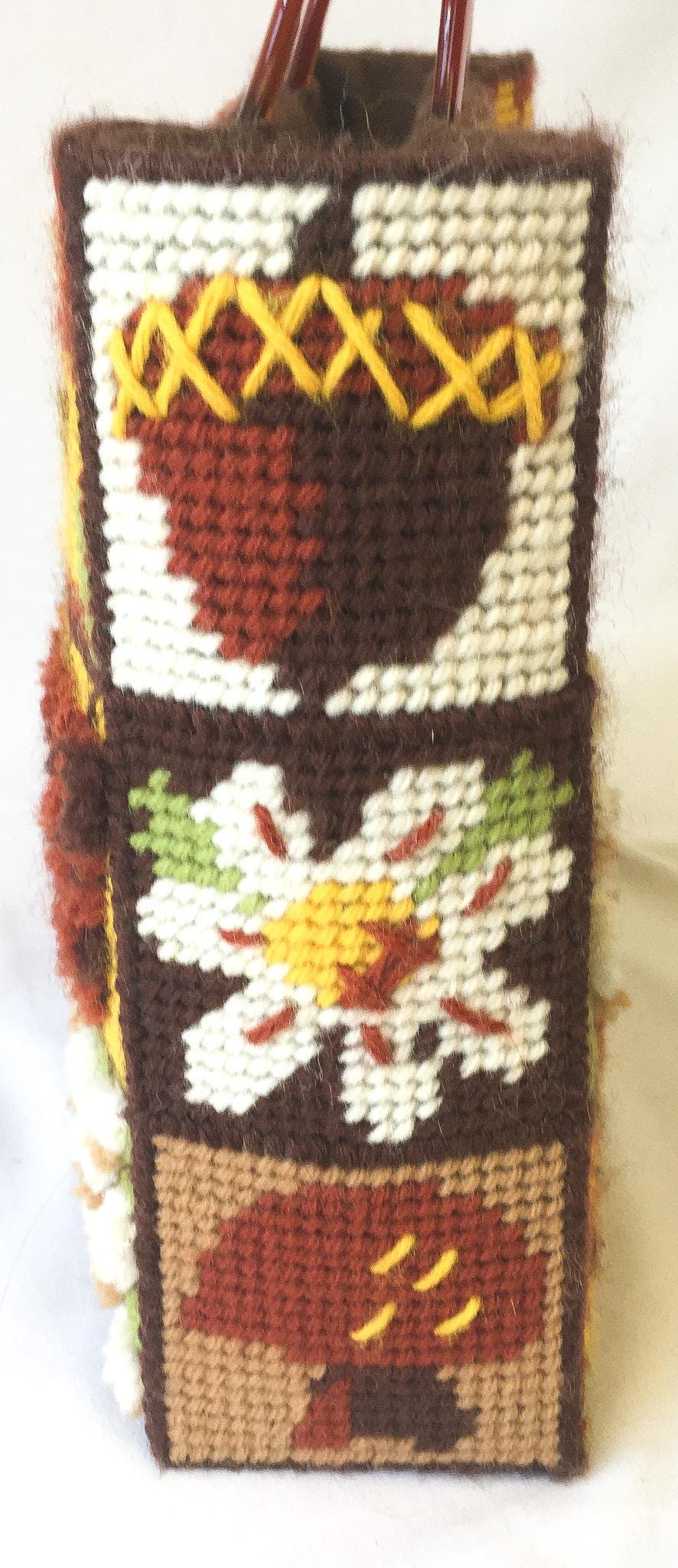 Vintage 70s Brown Floral Mushroom Autumn Themed Patchwork Needlepoint Top Handle Bag, Unique Statement Eclectic Autumn Handbag
