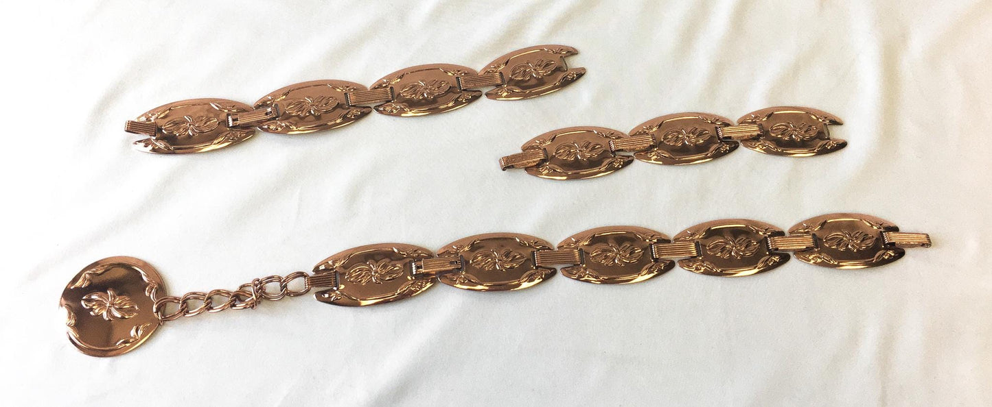 Vintage 70s Coppercraft Guild Copper/Rose Gold Toned Floral Detachable Adjustable Chain Belt, 22"-32", Vintage Boho Western Style Belt