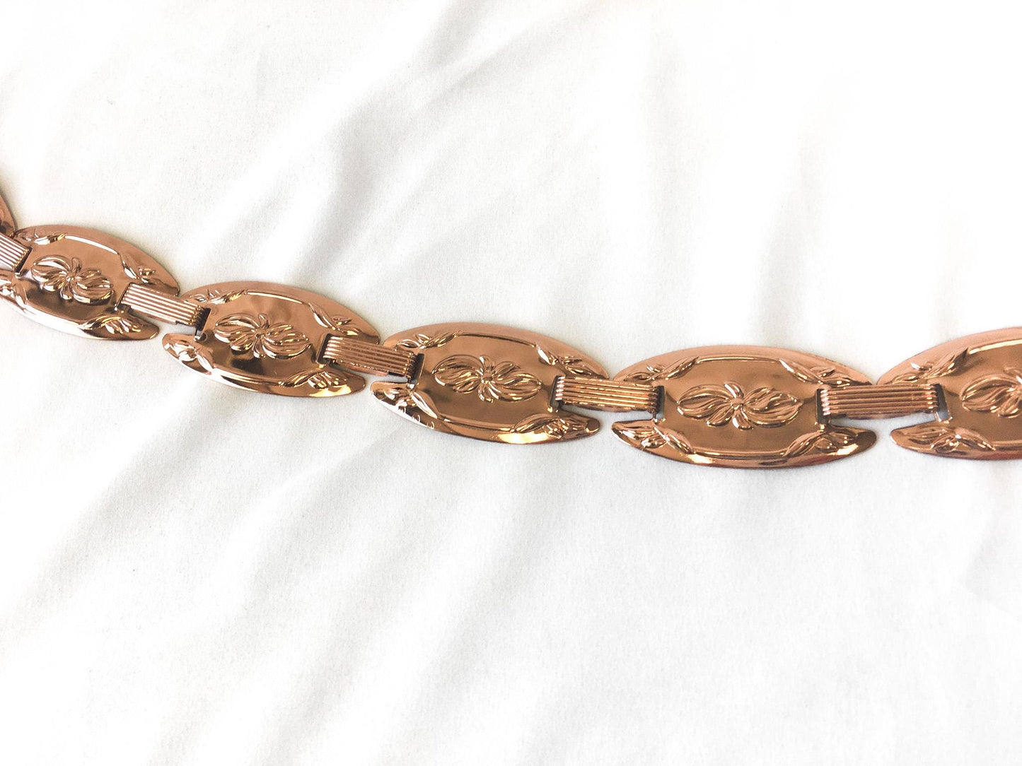 Vintage 70s Coppercraft Guild Copper/Rose Gold Toned Floral Detachable Adjustable Chain Belt, 22"-32", Vintage Boho Western Style Belt