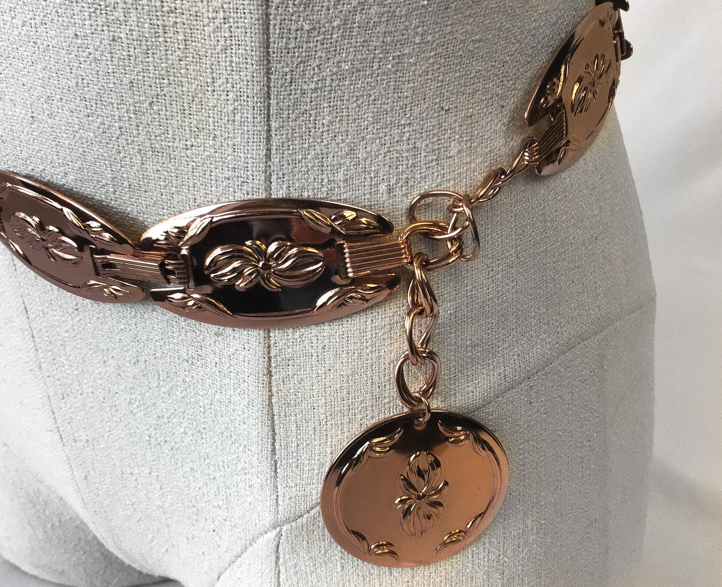 Vintage 70s Coppercraft Guild Copper/Rose Gold Toned Floral Detachable Adjustable Chain Belt, 22"-32", Vintage Boho Western Style Belt