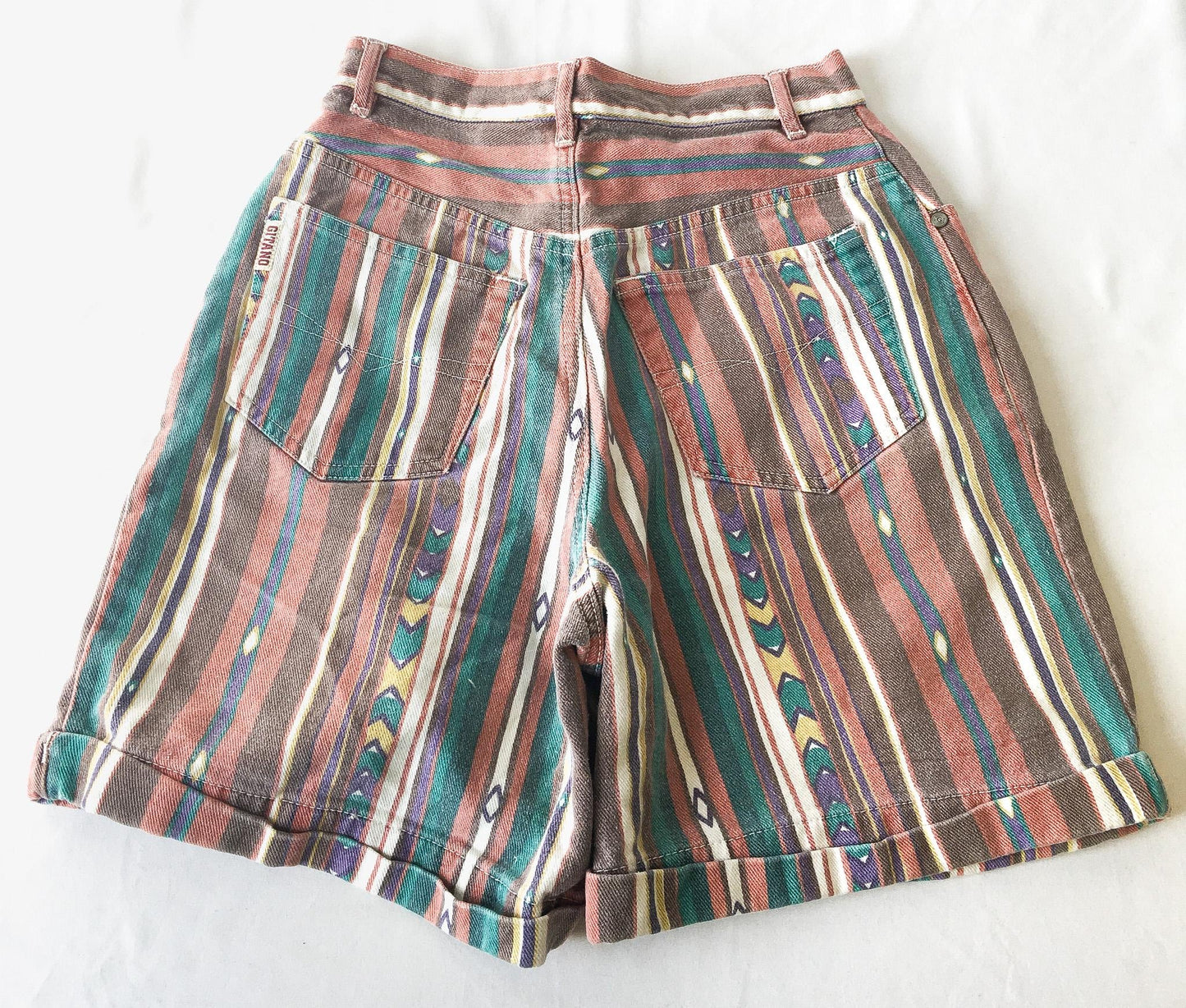 90s Gitano Rainbow Multicolor Striped Geometric Print Denim Shorts, Sz 24" Waist, Unique Denim Shorts