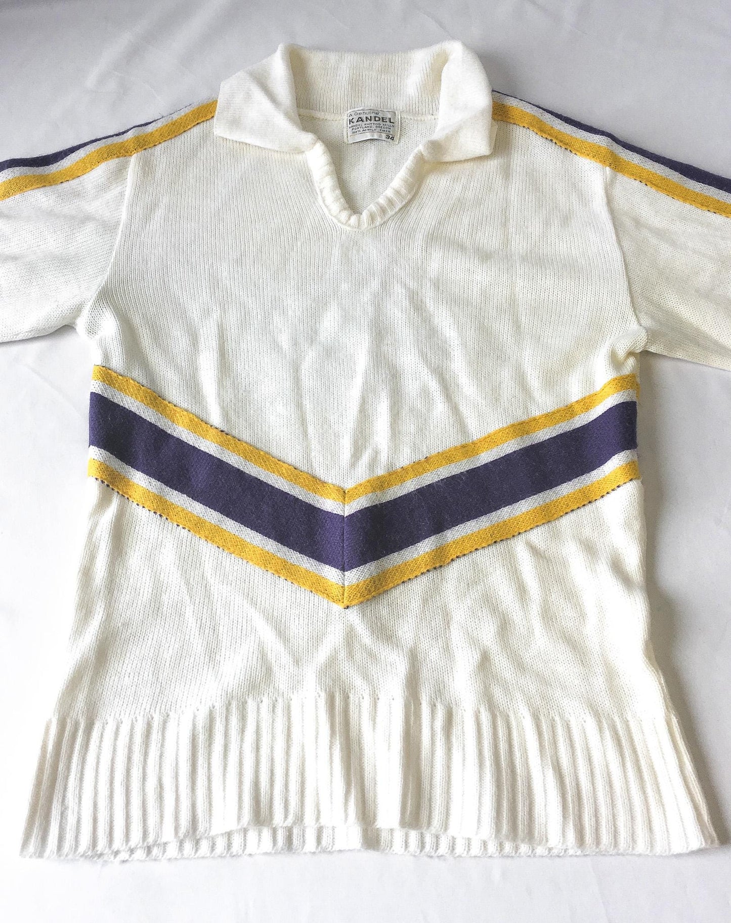 Vintage Kandel Cream/White Purple and Yellow Cheerleader Style V-Neck Sweater, Approx. Womens Sz M, Vintage Preppy Academia Style Sweater