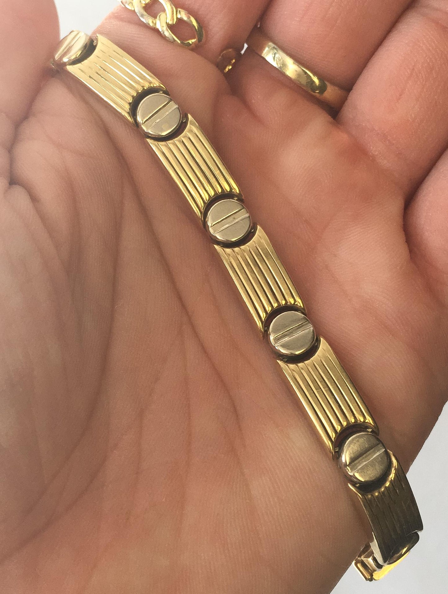 Vintage 14K Italy Two Tone Screw Head Link Chain Bracelet, 8", Roughly 5mm, Simple Everyday Elegant Minimalist Stackable Unisex Bracelet