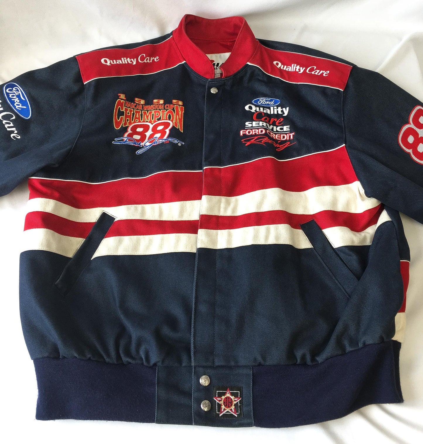 Vintage 1999 Dale Jarrett #88 Ford Quality Care Navy/Red Bomber Racing Jacket, Men's Sz. L, Vintage Chase Authentics NASCAR F1 Jacket