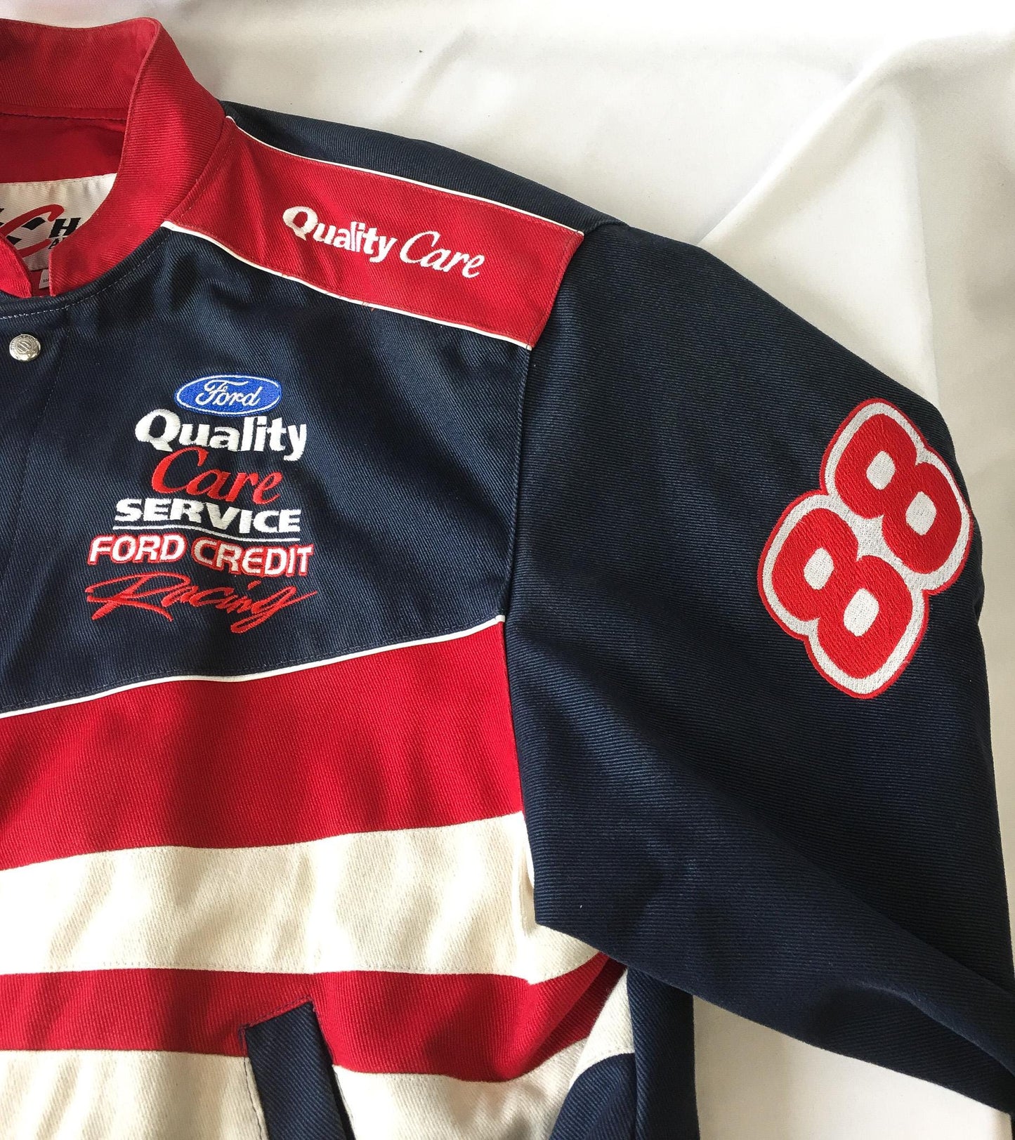 Vintage 1999 Dale Jarrett #88 Ford Quality Care Navy/Red Bomber Racing Jacket, Men's Sz. L, Vintage Chase Authentics NASCAR F1 Jacket