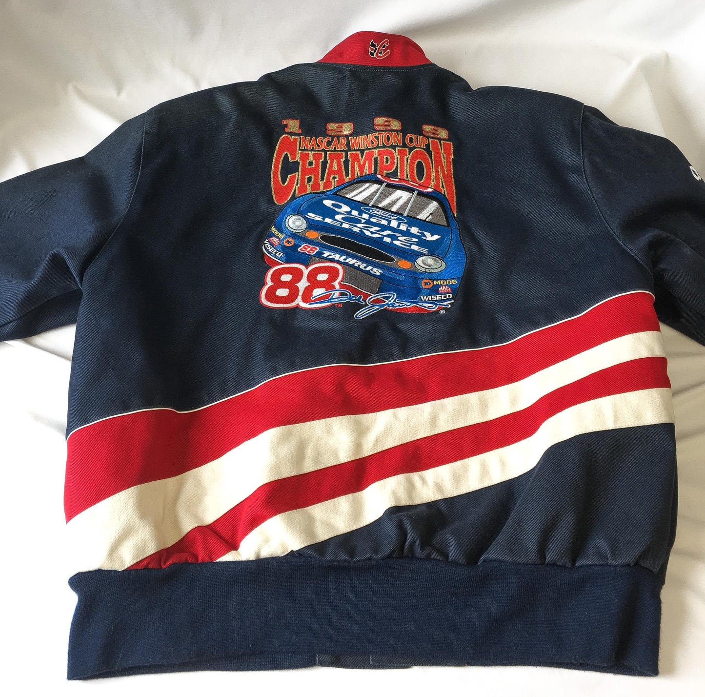 Vintage 1999 Dale Jarrett #88 Ford Quality Care Navy/Red Bomber Racing Jacket, Men's Sz. L, Vintage Chase Authentics NASCAR F1 Jacket