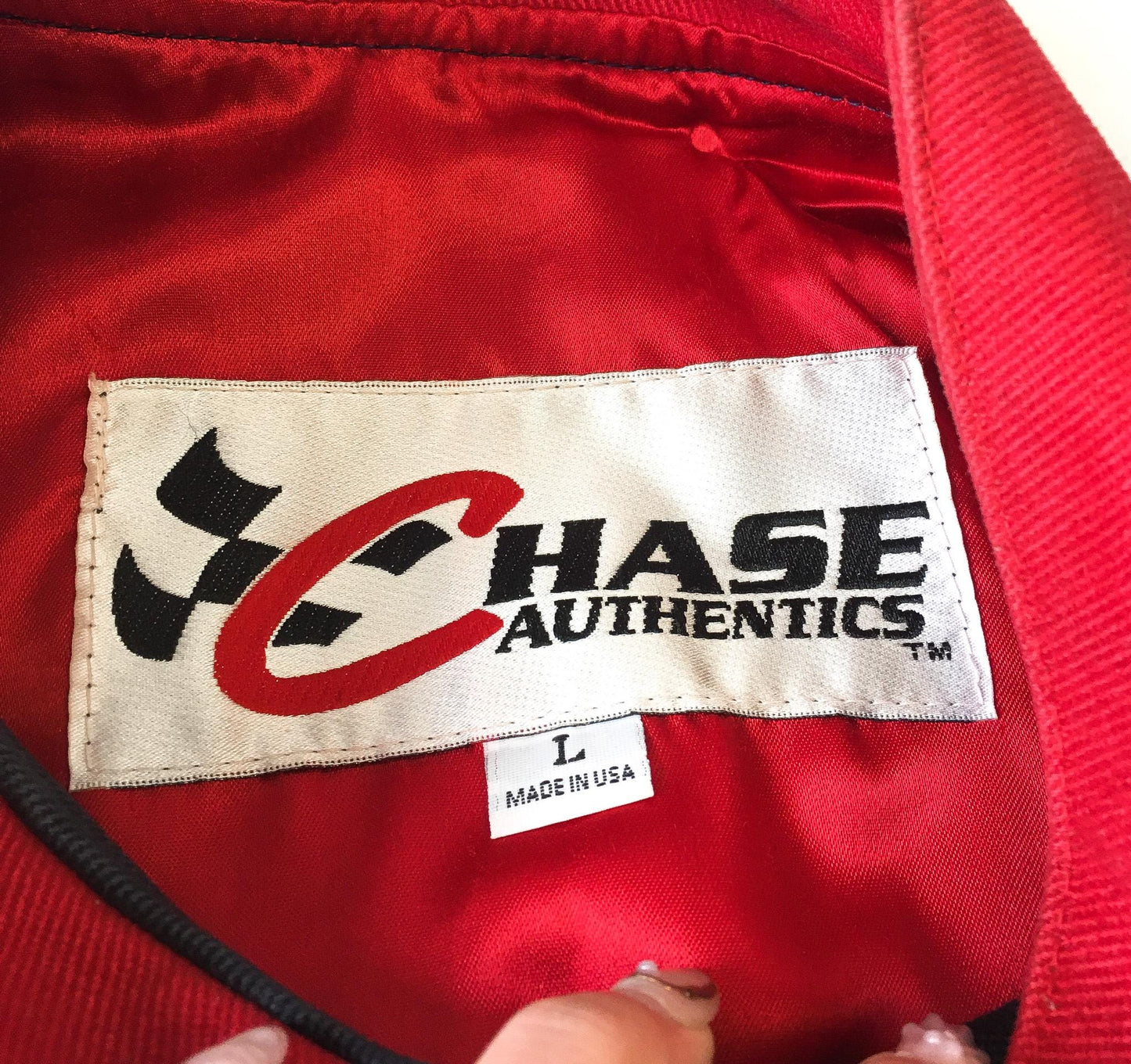 Vintage 1999 Dale Jarrett #88 Ford Quality Care Navy/Red Bomber Racing Jacket, Men's Sz. L, Vintage Chase Authentics NASCAR F1 Jacket