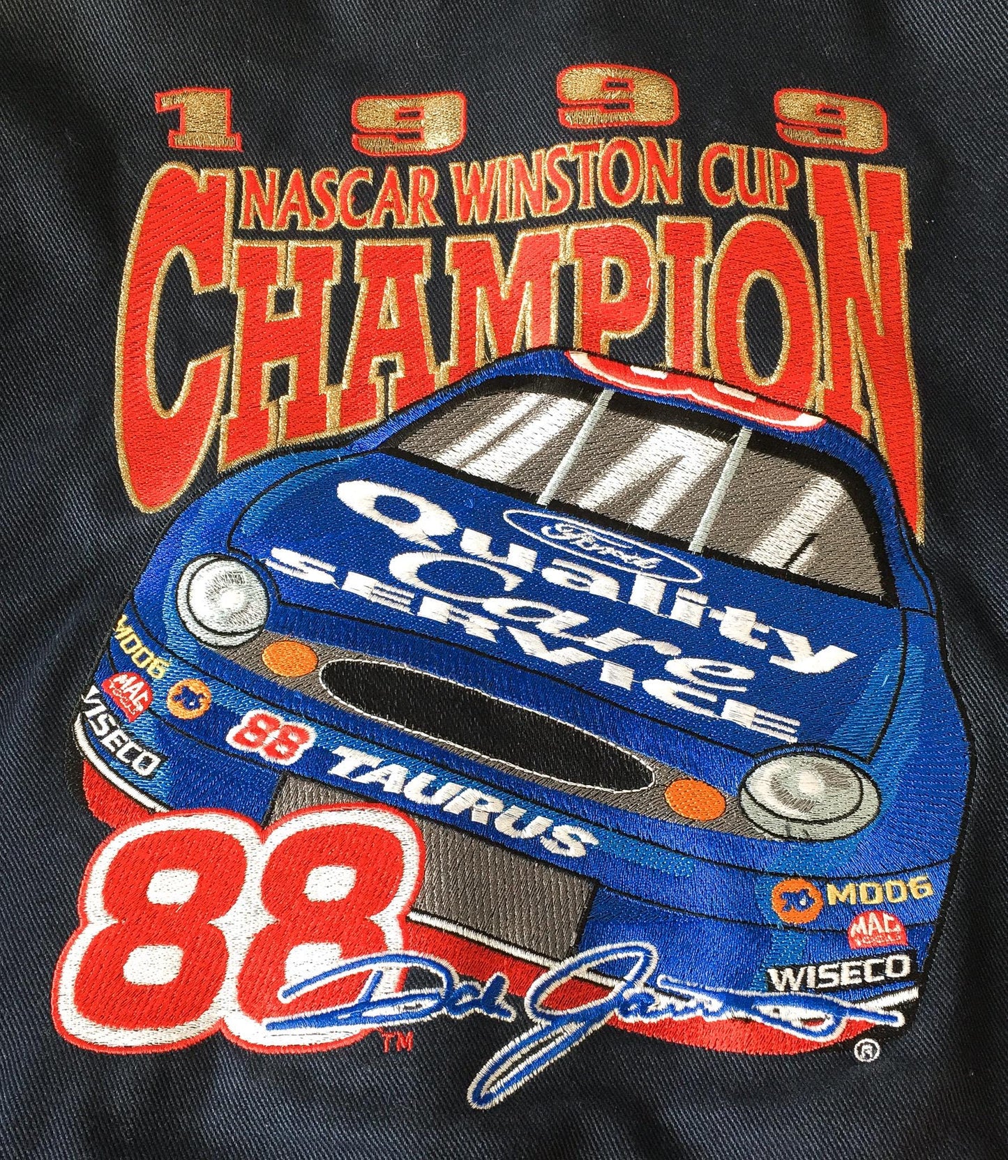 Vintage 1999 Dale Jarrett #88 Ford Quality Care Navy/Red Bomber Racing Jacket, Men's Sz. L, Vintage Chase Authentics NASCAR F1 Jacket