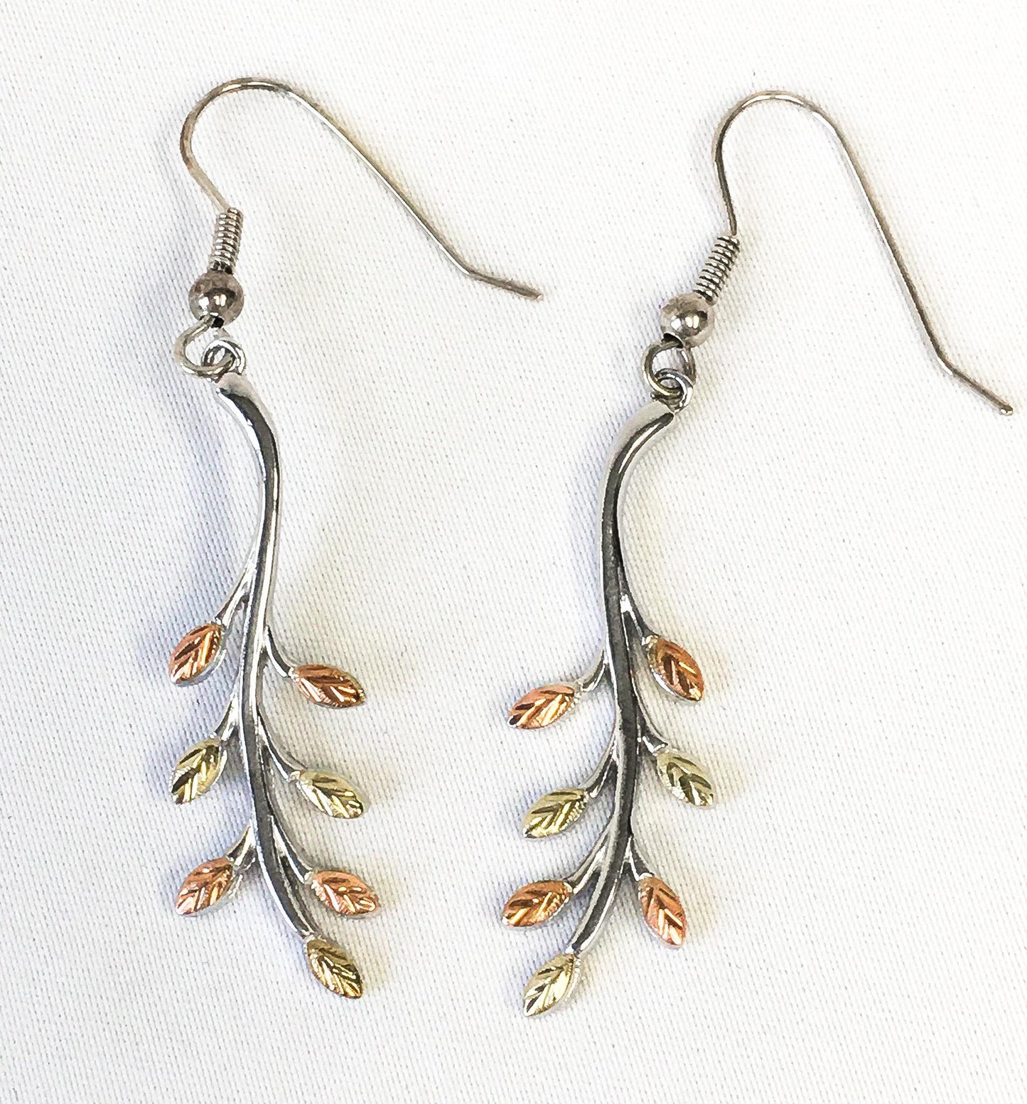 Vintage RGC Black Hills Gold 925 12K Leaf Stem Dangle Earrings, Simple Nature Autumn Leaf Earrings