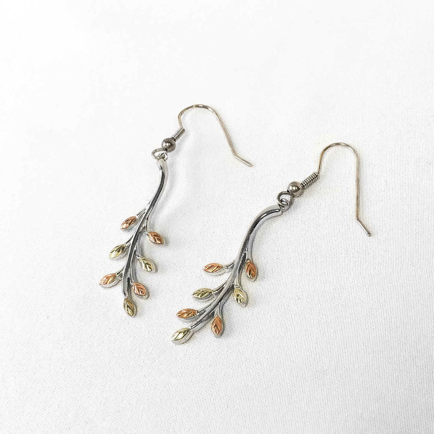 Vintage RGC Black Hills Gold 925 12K Leaf Stem Dangle Earrings, Simple Nature Autumn Leaf Earrings