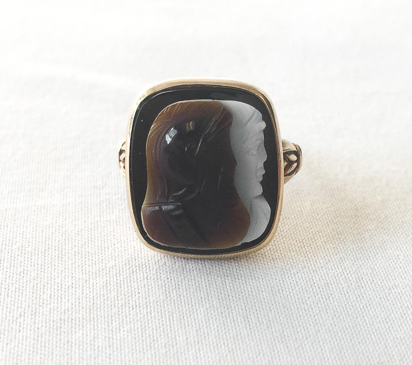 Vintage 10K Gold Sardonyx Brown/White Cameo Signet Ring, Sz. 5.5, Vintage Unique Victorian Boho Statement Ring