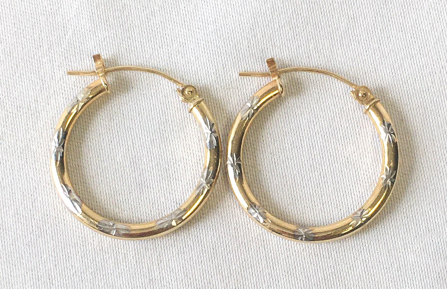 14K Yellow and White Gold Two Toned Star Etched Thin Hoops, Lightweight Simple Dainty Everyday Minimalist Hoops