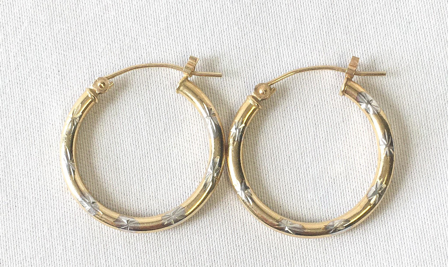 14K Yellow and White Gold Two Toned Star Etched Thin Hoops, Lightweight Simple Dainty Everyday Minimalist Hoops
