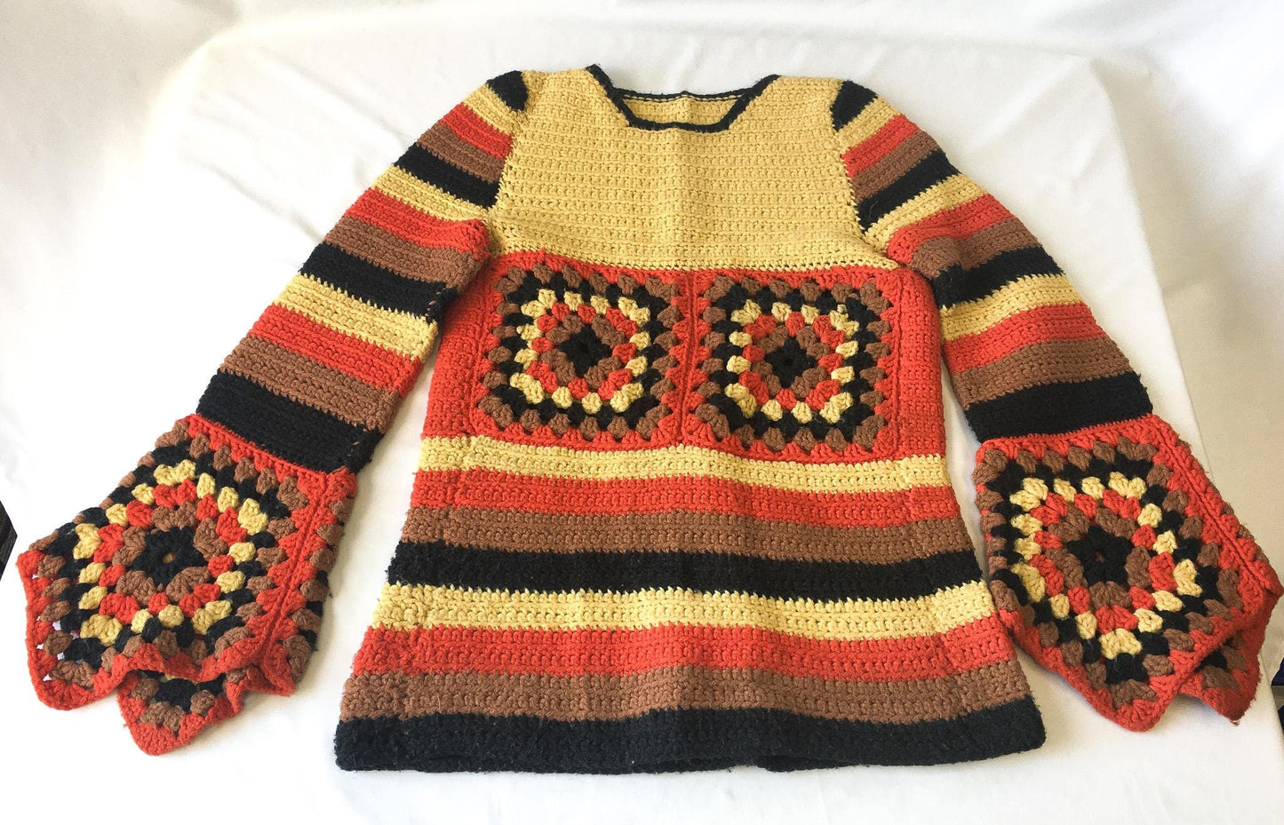 Vintage Handmade Crochet Yellow/Brown/Orange Flared Bell Sleeve Sweater, Approx. Women's Sz. S, Vintage Boho Autumn Top