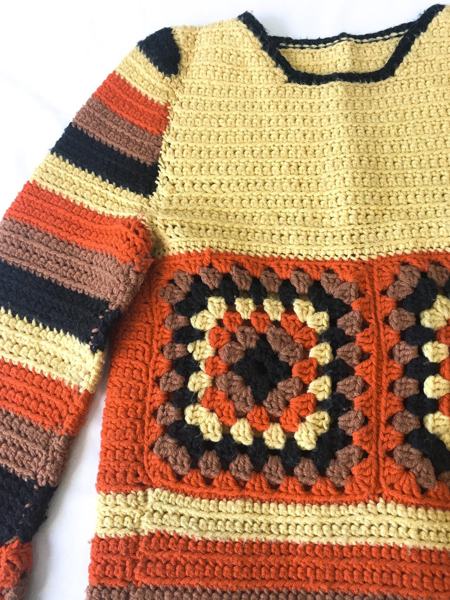 Vintage Handmade Crochet Yellow/Brown/Orange Flared Bell Sleeve Sweater, Approx. Women's Sz. S, Vintage Boho Autumn Top