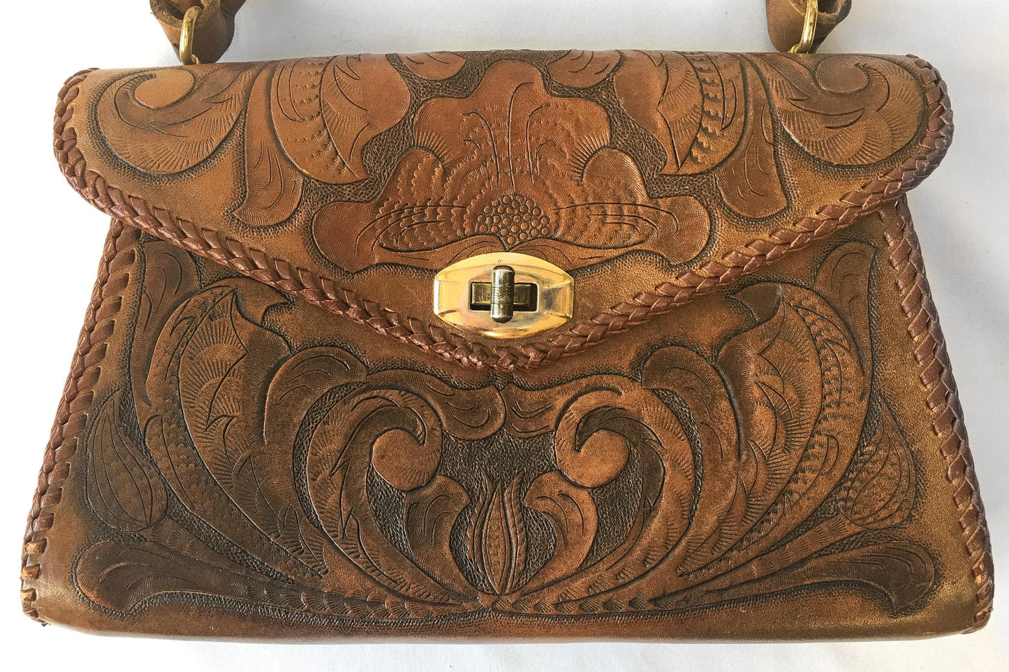 Vintage 70s Handcrafted Dark Brown Floral Tooled Leather Top Handle Bag, Vintage Western Boho Style Handbag