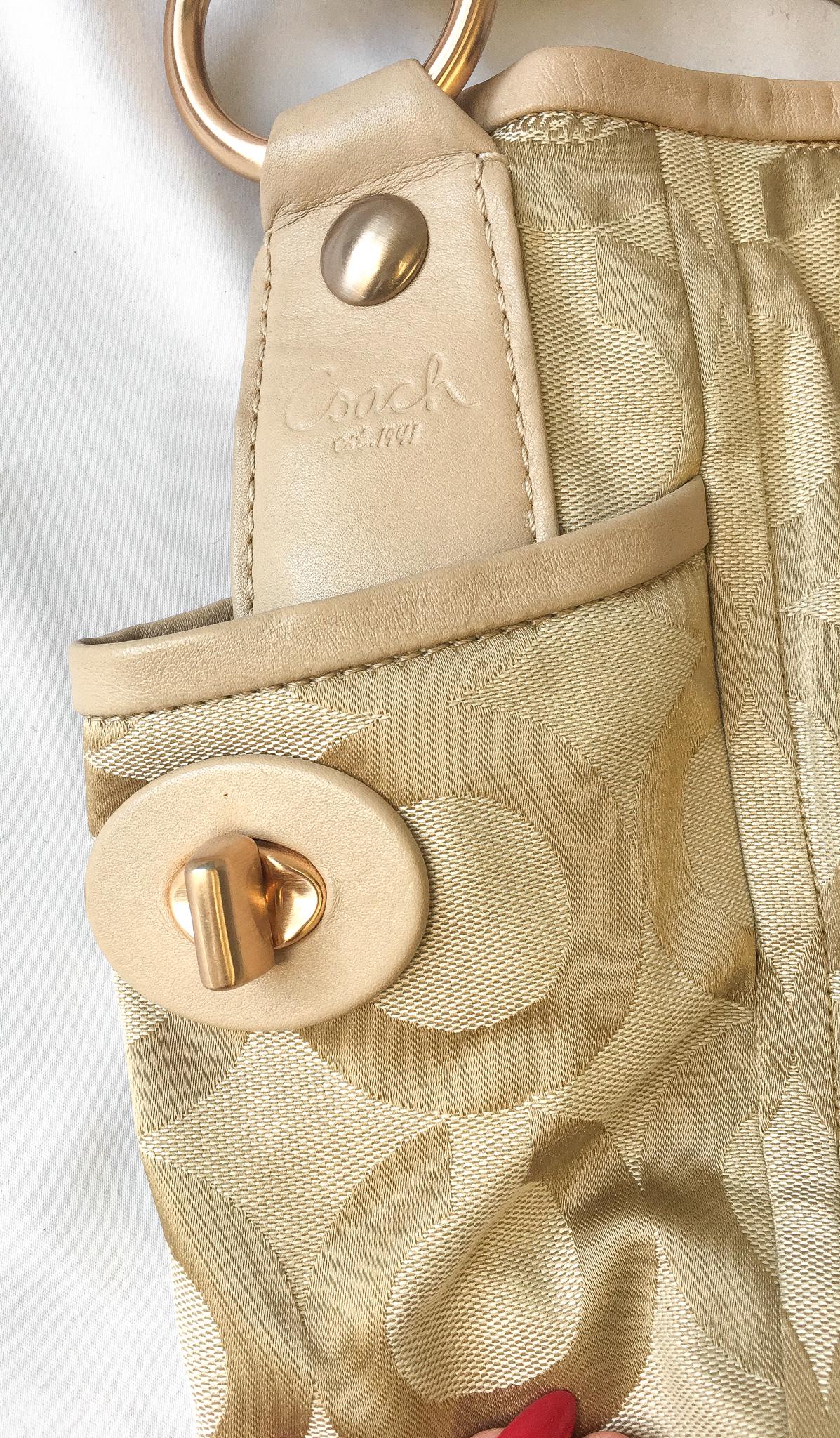 Y2K 00s Coach Op Art Parker Gold Metallic Canvas Leather Shoulder Tote Bag, Style 13427, Unique Y2K Coach Handbag