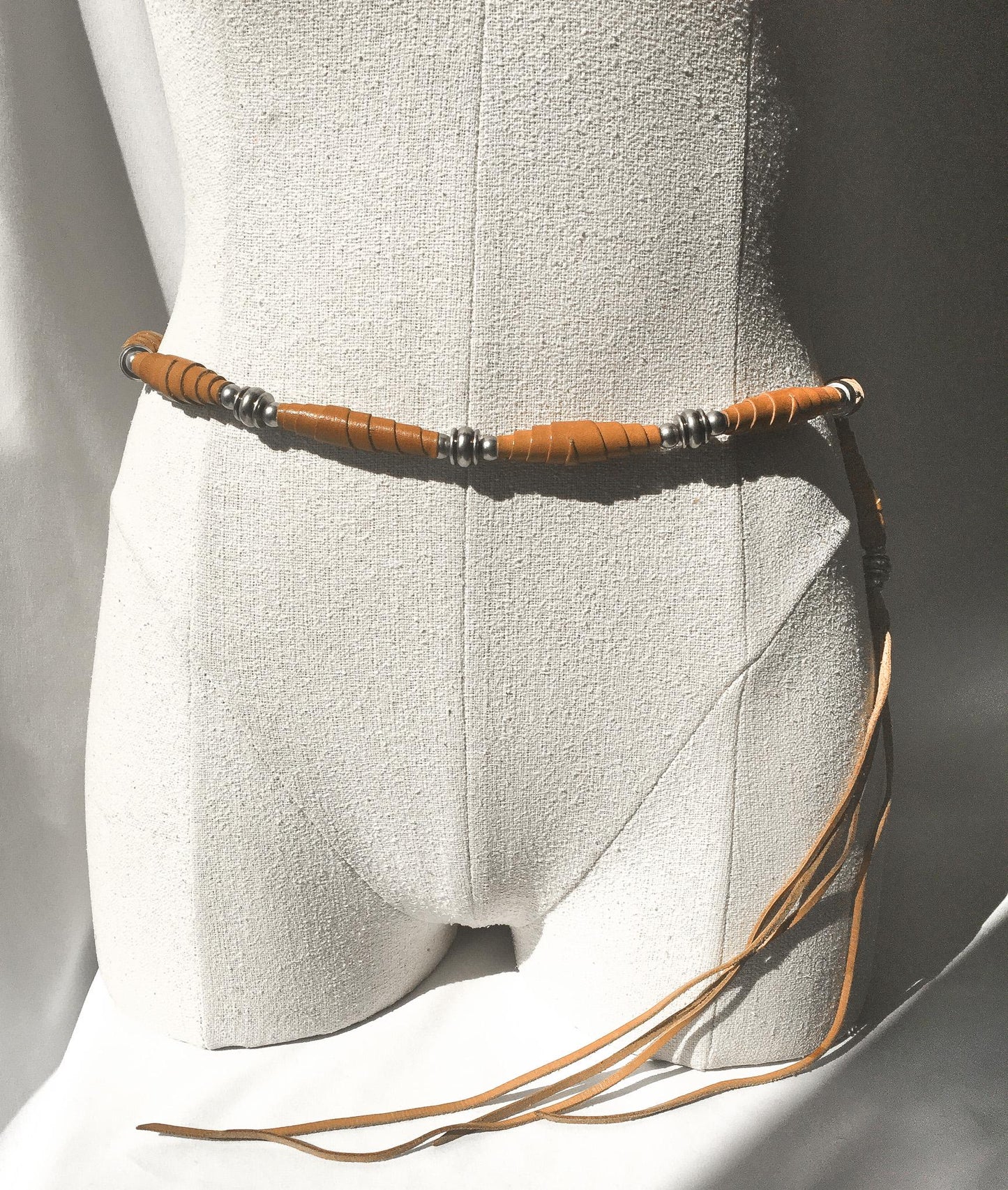 70s Handcrafted Leather Silver Toned Beaded Adjustable Tie Belt, Unique Vintage Western Boho Style Belt