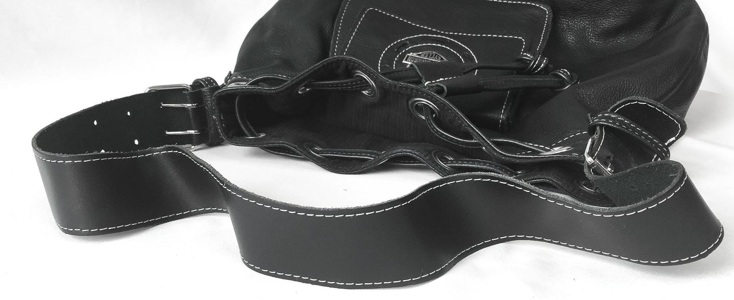 Black Harley Davidson Pebbled Leather Drawstring Bucket Shoulder Crossbody Bag, 00s Y2K Harley Biker Moto Style Handbag