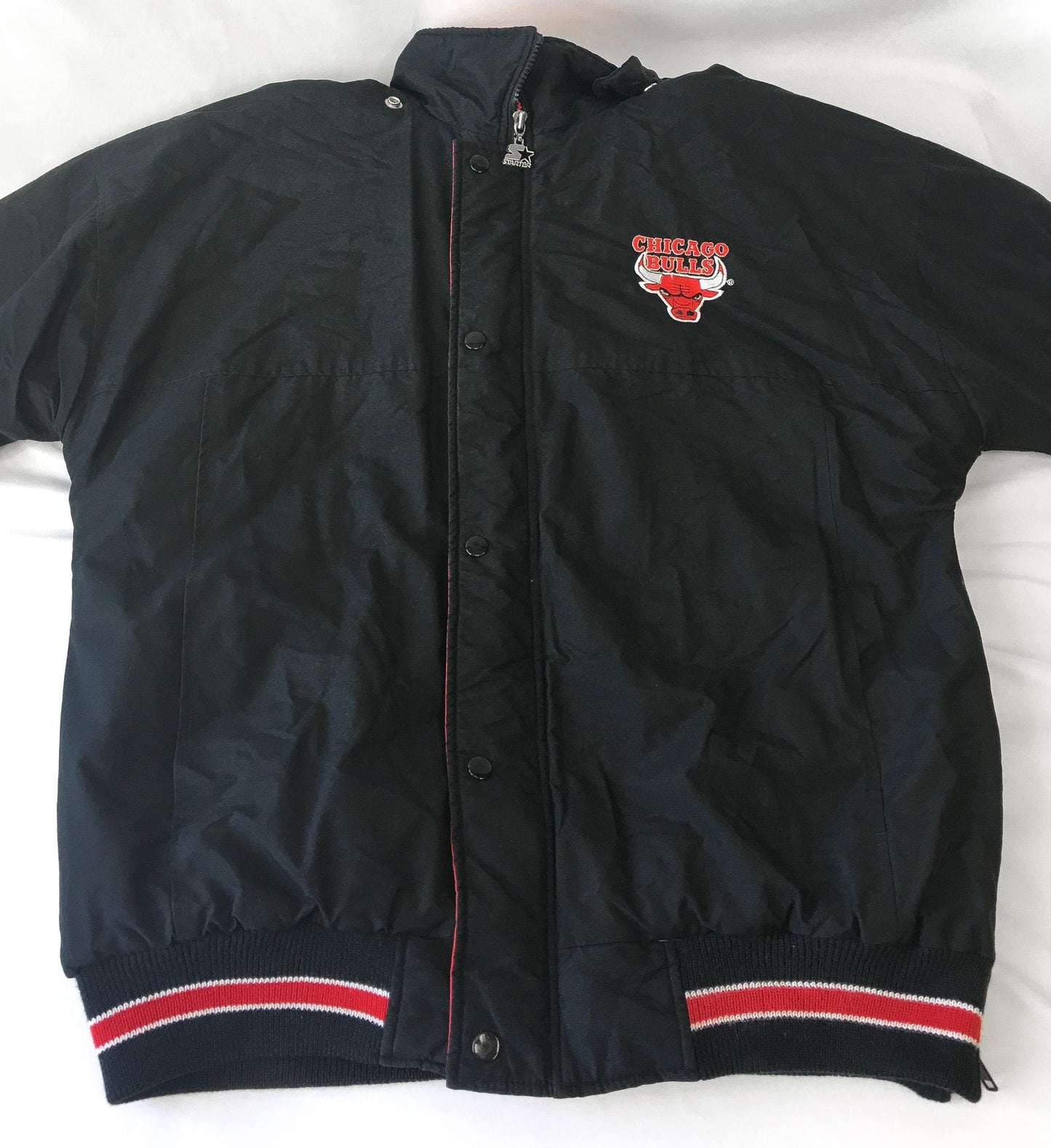 90s Chicago Bulls Starter Black Embroidered Detachable Hooded Puffer Windbreaker Jacket, Men's Sz. M, Vintage Retro NBA Streetwear Apparel