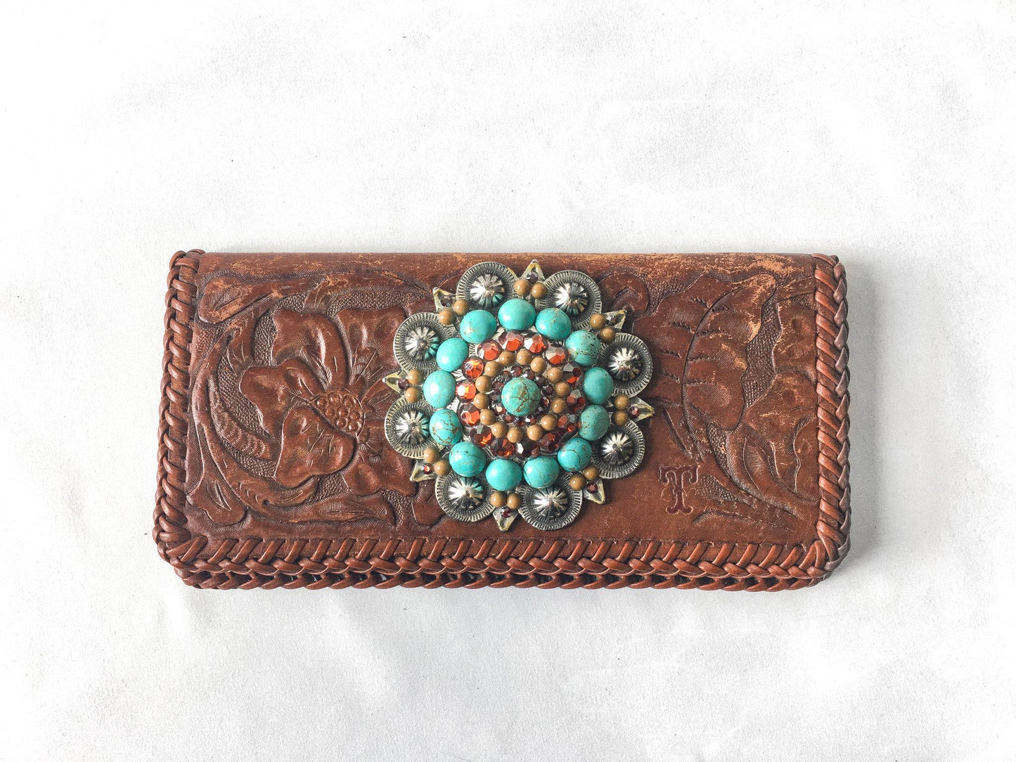 Vintage Handcrafted Floral Tooled Leather with Beaded Faux Turquoise Flower Detail, Vintage Western Boho Style Accessories