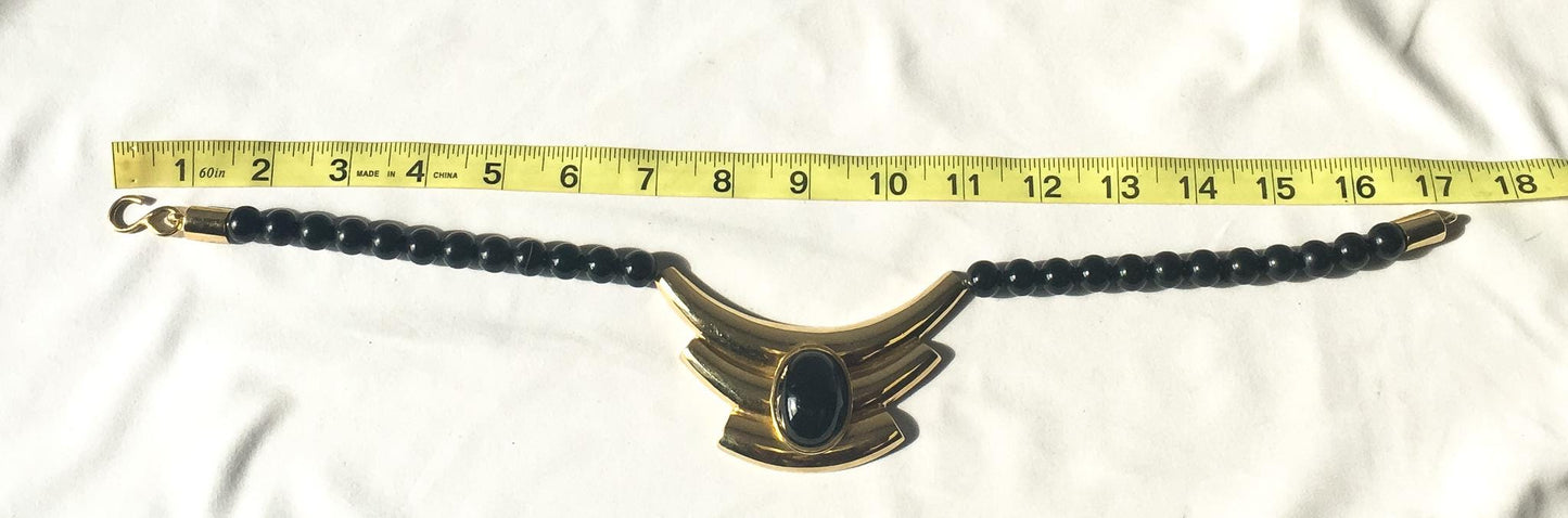 Vintage Alexis Kirk Black Beaded Gold Toned Abstract Bib Necklace, 17", Vintage Modernism Statement Necklace