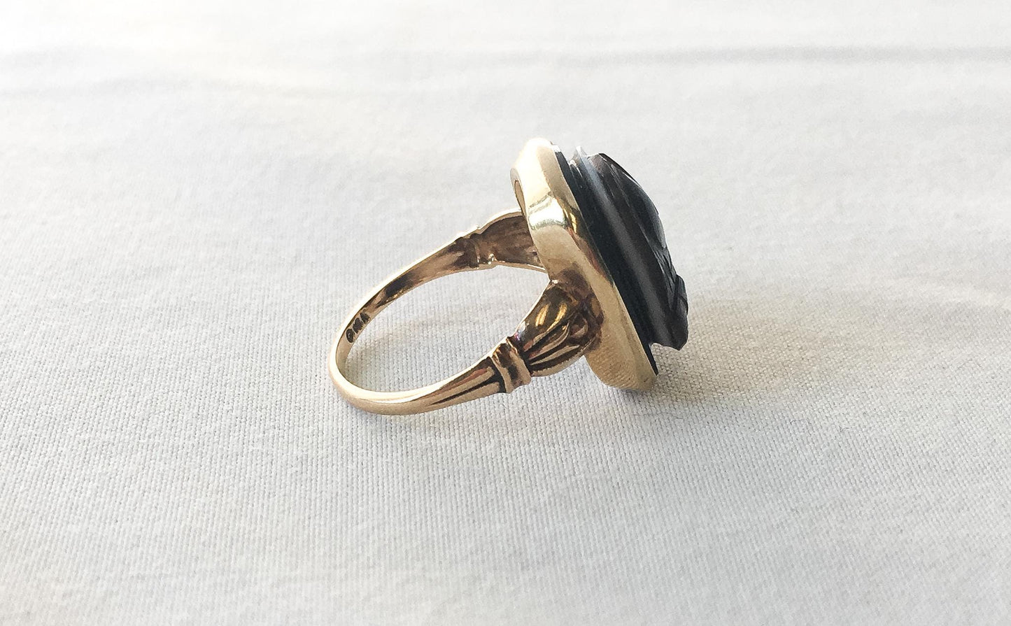 Vintage 10K Gold Sardonyx Brown/White Cameo Signet Ring, Sz. 5.5, Vintage Unique Victorian Boho Statement Ring