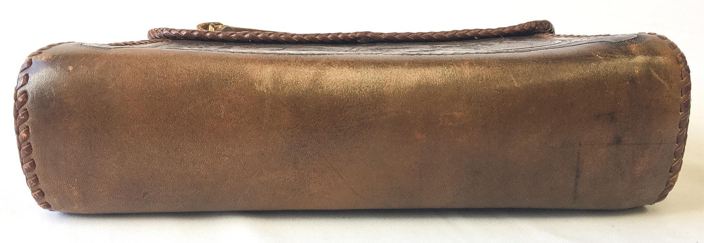 Vintage 70s Handcrafted Dark Brown Floral Tooled Leather Top Handle Bag, Vintage Western Boho Style Handbag