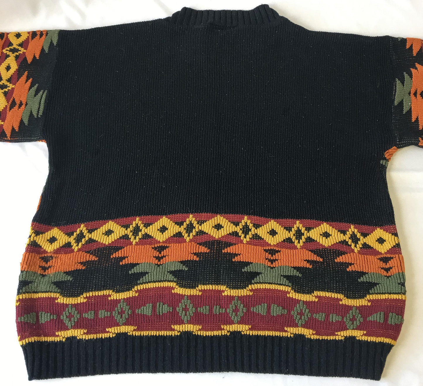 Vintage Black/Orange/Yellow Geometric Aztec Southwest Print Sweater, Approx. Women's S/M, Vintage Western Grandpa Sweater