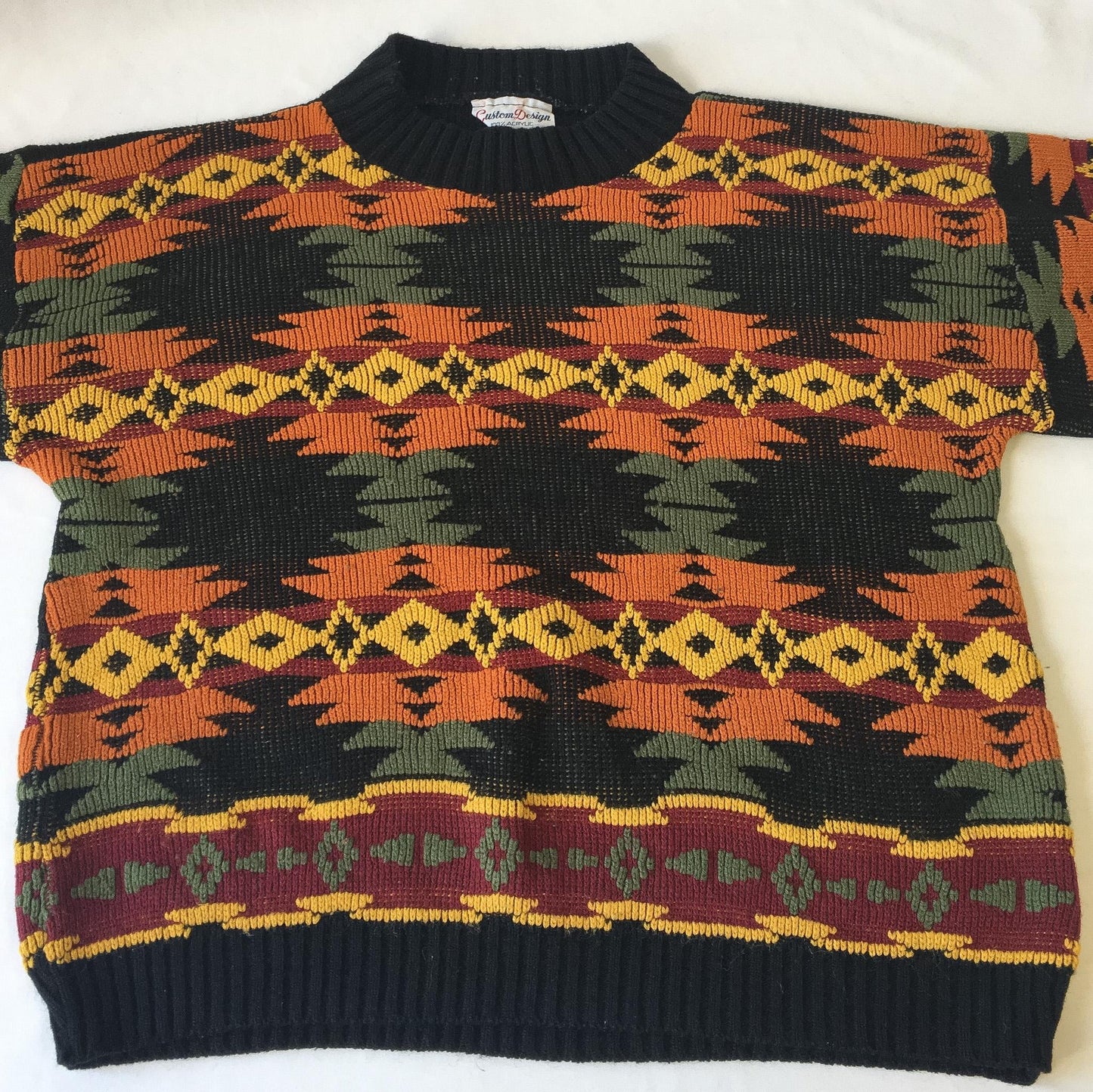 Vintage Black/Orange/Yellow Geometric Aztec Southwest Print Sweater, Approx. Women's S/M, Vintage Western Grandpa Sweater