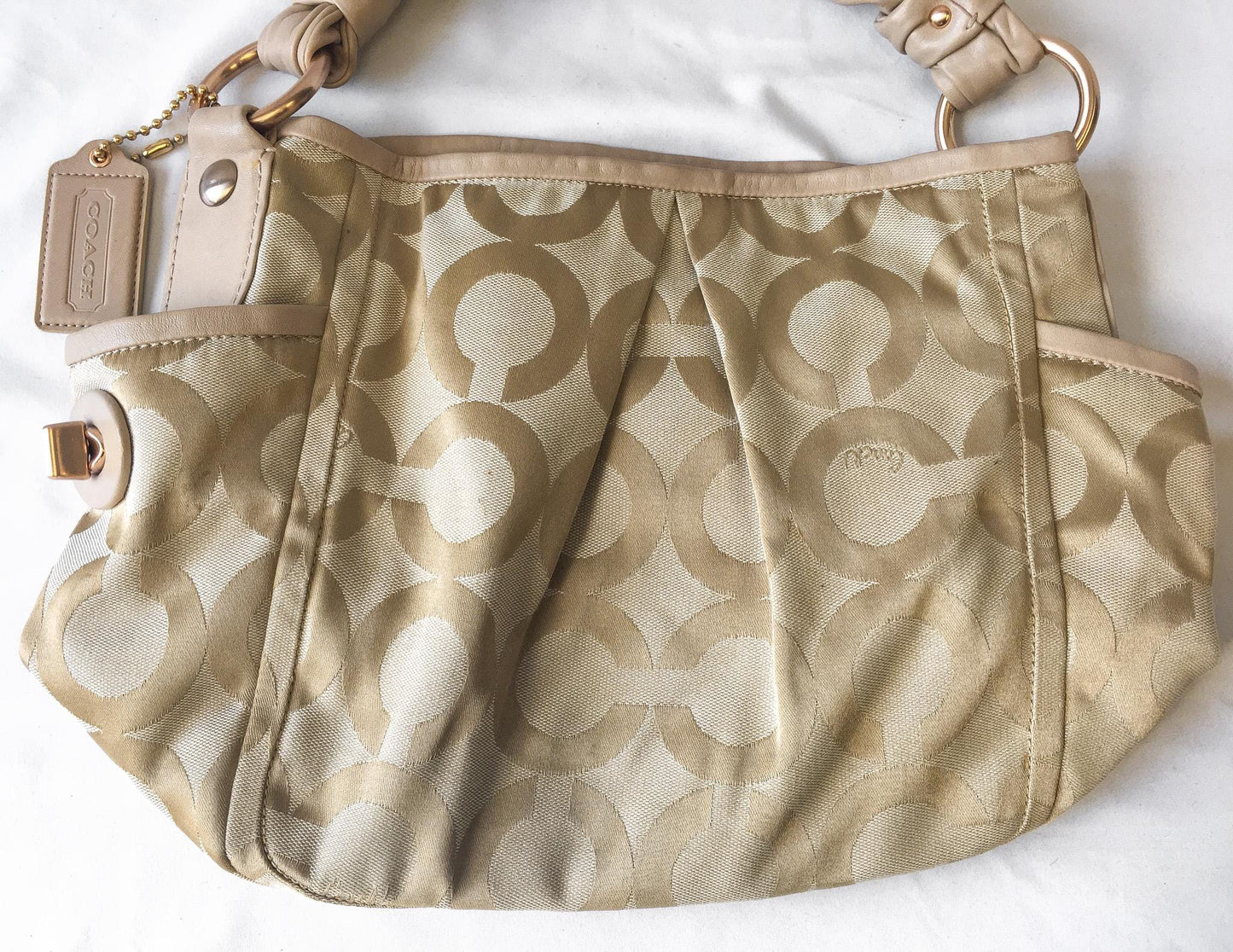 Y2K 00s Coach Op Art Parker Gold Metallic Canvas Leather Shoulder Tote Bag, Style 13427, Unique Y2K Coach Handbag