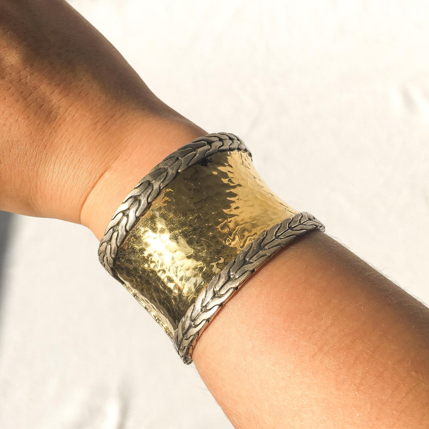 Vintage John Hardy 22K Gold 925 Sterling Silver Hammered Adjustable Cuff Bracelet, Vintage Brutalist Statement Style Bracelet