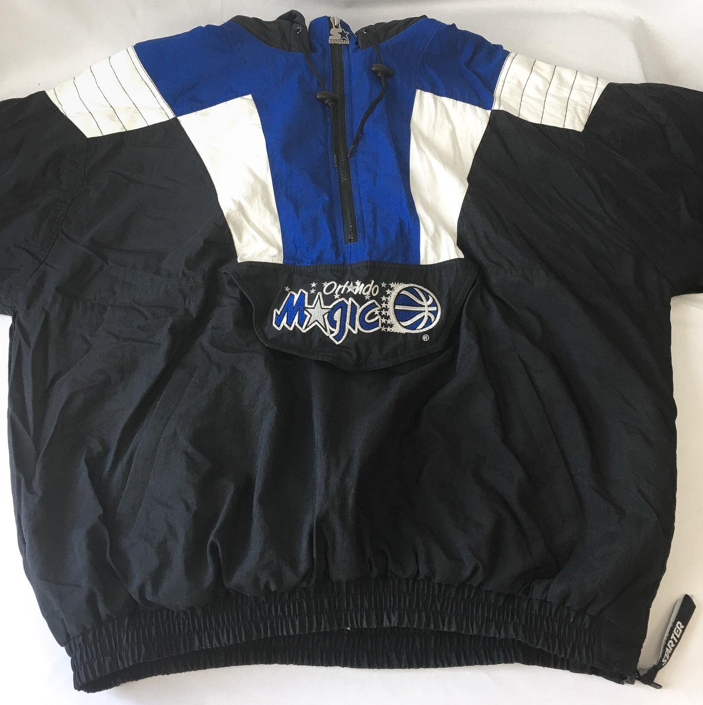 90s Orlando Magic Starter Black/Blue Embroidered Quarter Zip Puffer Windbreaker Jacket, Sz. XL, Vintage Retro NBA Apparel Streetwear Jacket