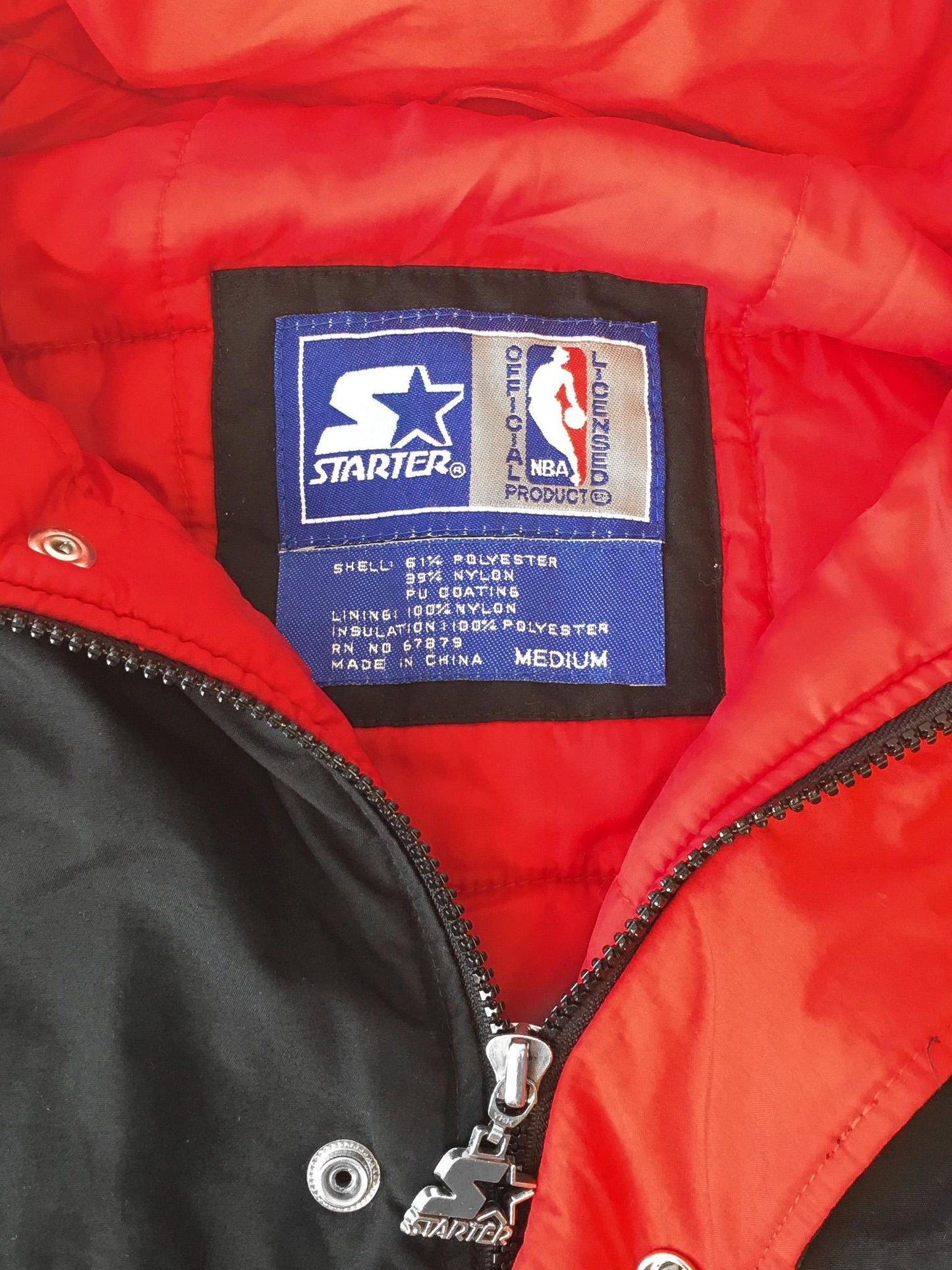 90s Chicago Bulls Starter Black Embroidered Detachable Hooded Puffer Windbreaker Jacket, Men's Sz. M, Vintage Retro NBA Streetwear Apparel