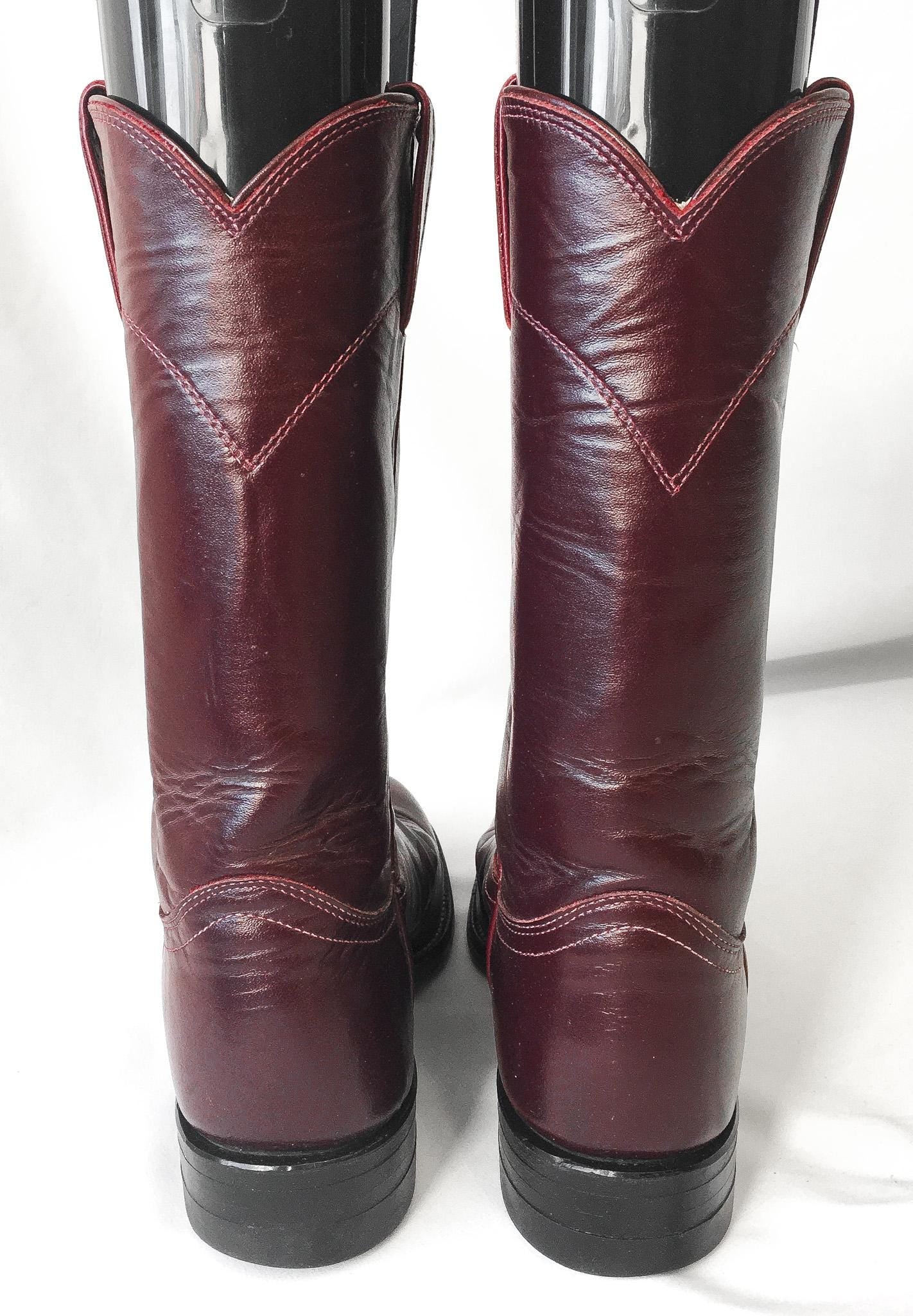 Vintage Justin Roper Burgundy/Maroon Leather Cowboy Boots, Approx. Women's Sz. 5.5M/6M, Style 3068, Vintage Western Festival Boots