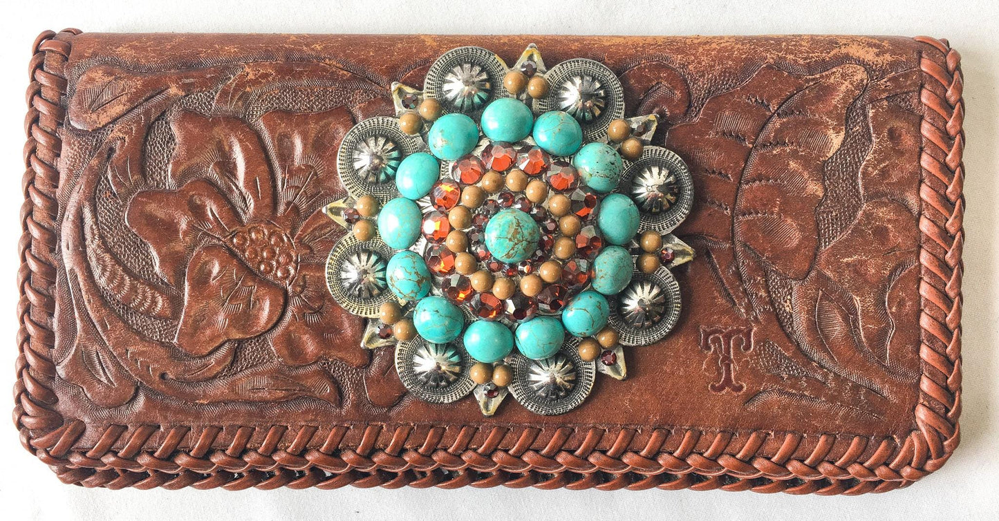 Vintage Handcrafted Floral Tooled Leather with Beaded Faux Turquoise Flower Detail, Vintage Western Boho Style Accessories