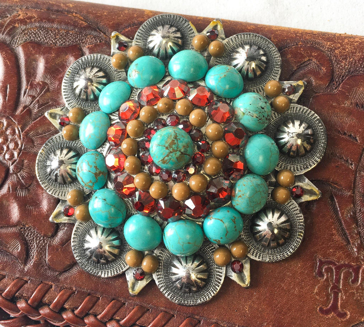 Vintage Handcrafted Floral Tooled Leather with Beaded Faux Turquoise Flower Detail, Vintage Western Boho Style Accessories