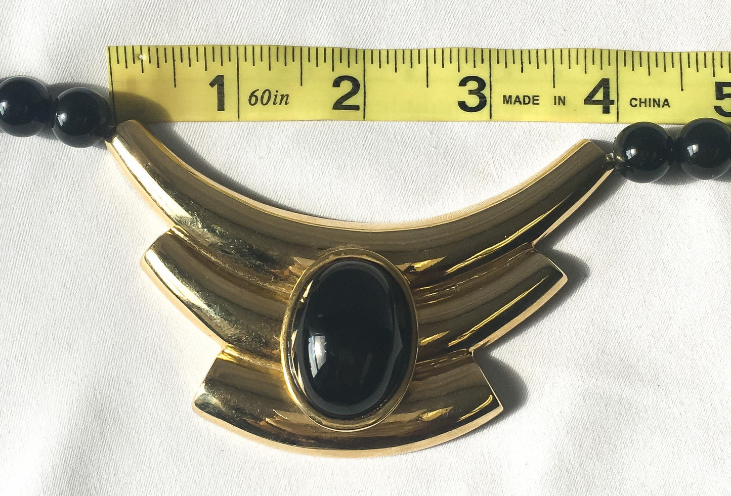 Vintage Alexis Kirk Black Beaded Gold Toned Abstract Bib Necklace, 17", Vintage Modernism Statement Necklace